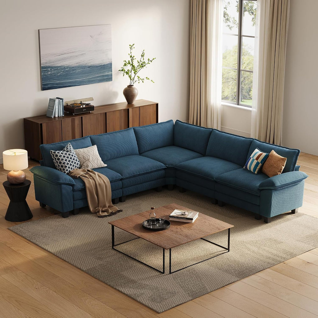 LINSY HOME Modular Sectional Sofa, 5-Seat Corduroy Modern Cloud Couch with Deep Seat, Perfect for Living Room, Office, Bedroom, Blue