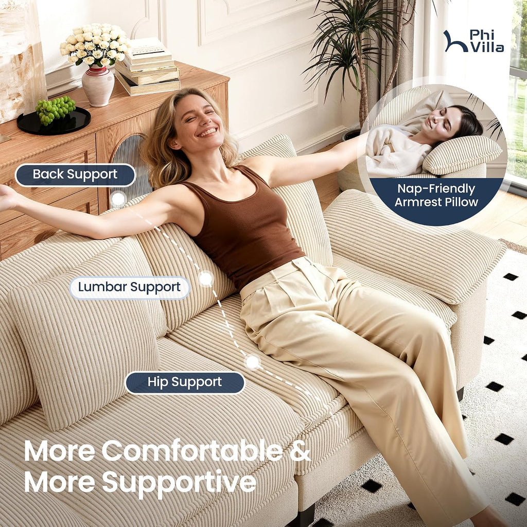 PHI VILLA Cloud Oversized Sectional Sofas, Single Sofa with Deep Seat for Living Room Reading Nook, Chenille Corduroy Dual Fabric, Beige