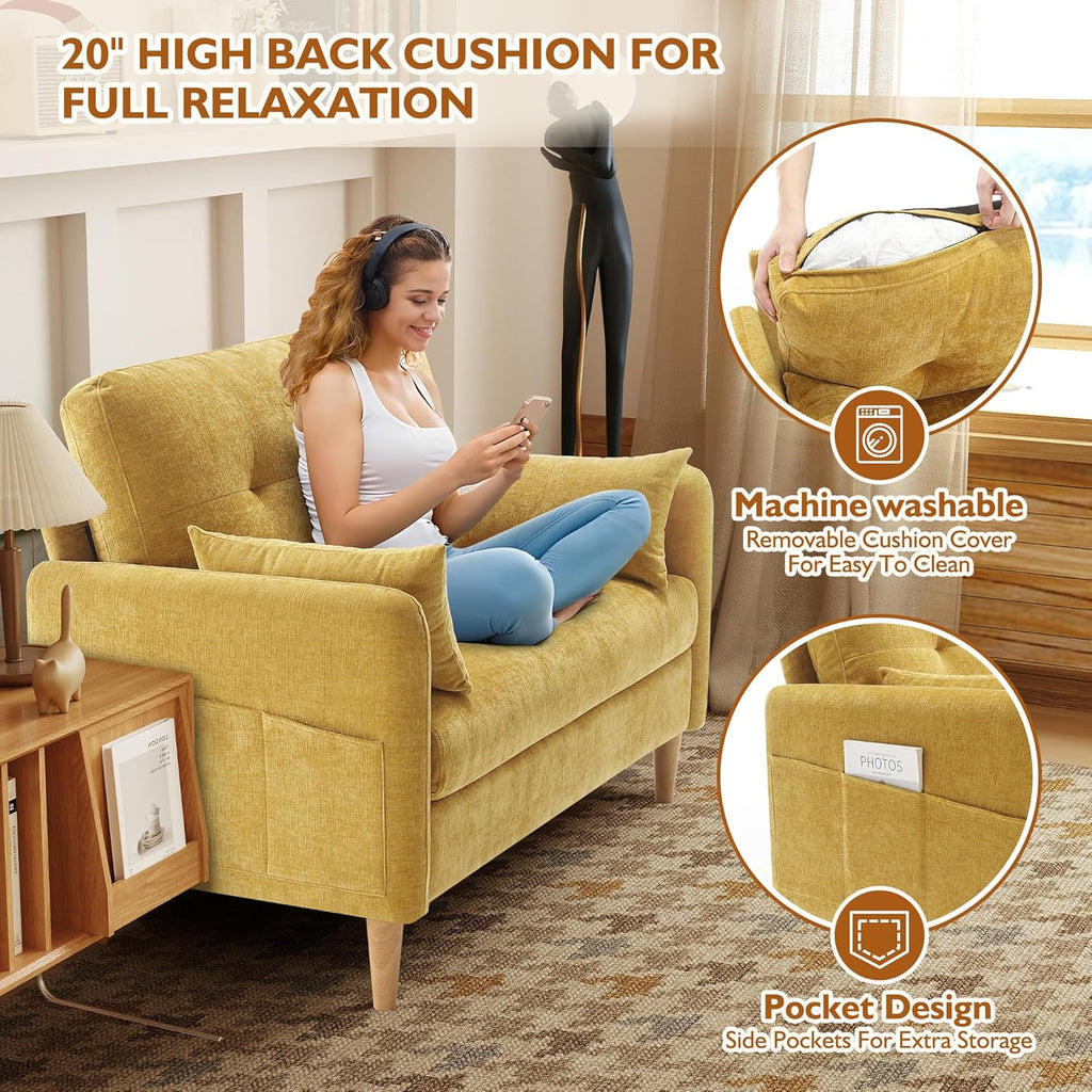 Urhanherry 47' Small Sofa Couch for Bedroom, Soft Chenille loveseat Mini Couch with Throw Pillow and Removable Cushion Cover for Small Spaces, Living Room, Apartment, Dorm, Office(Yellow)