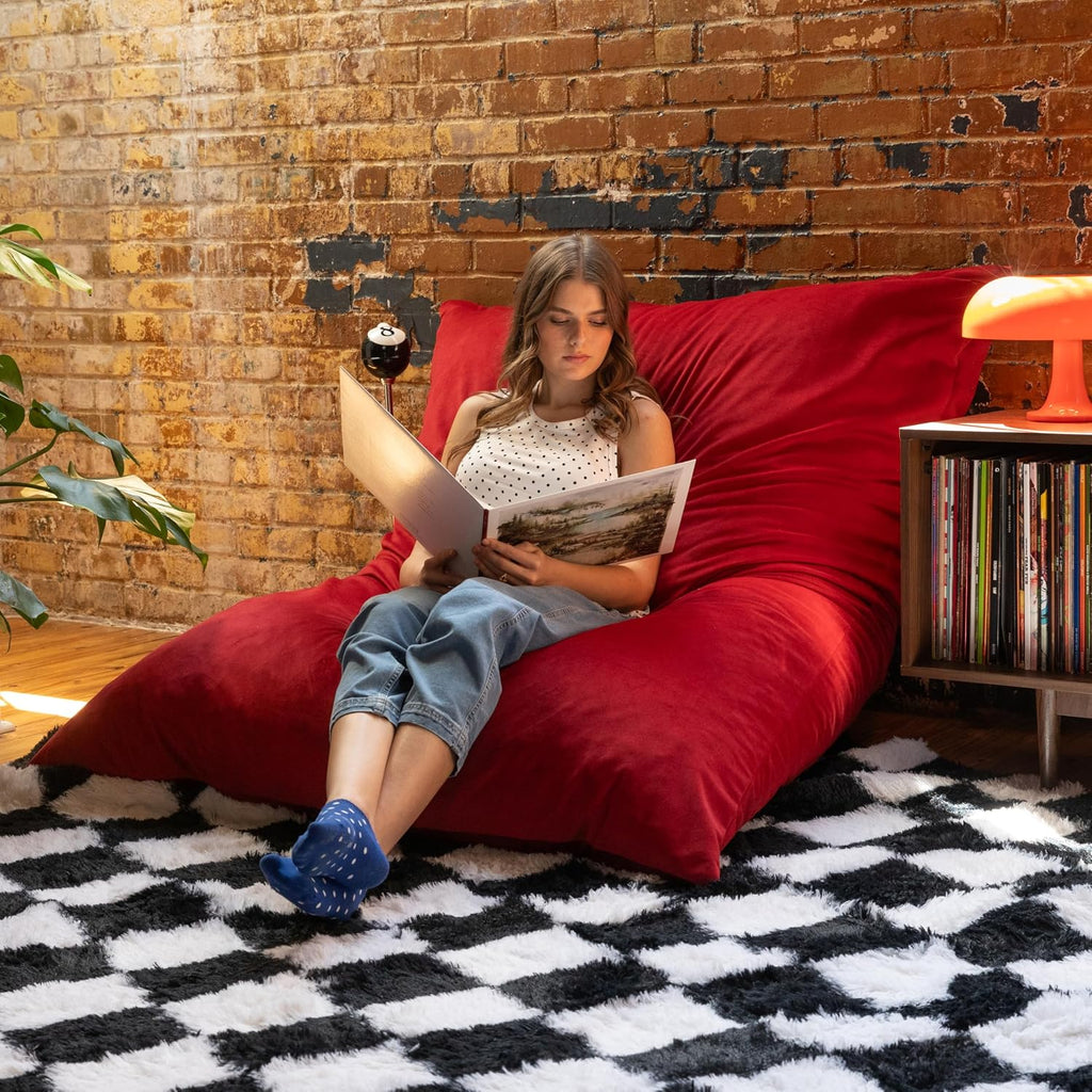 Pillow Saxx Bean Bag Rocking Chair - Elegant Oversized Rocker with Modern Wood Frame, Lush Velvet Merlot