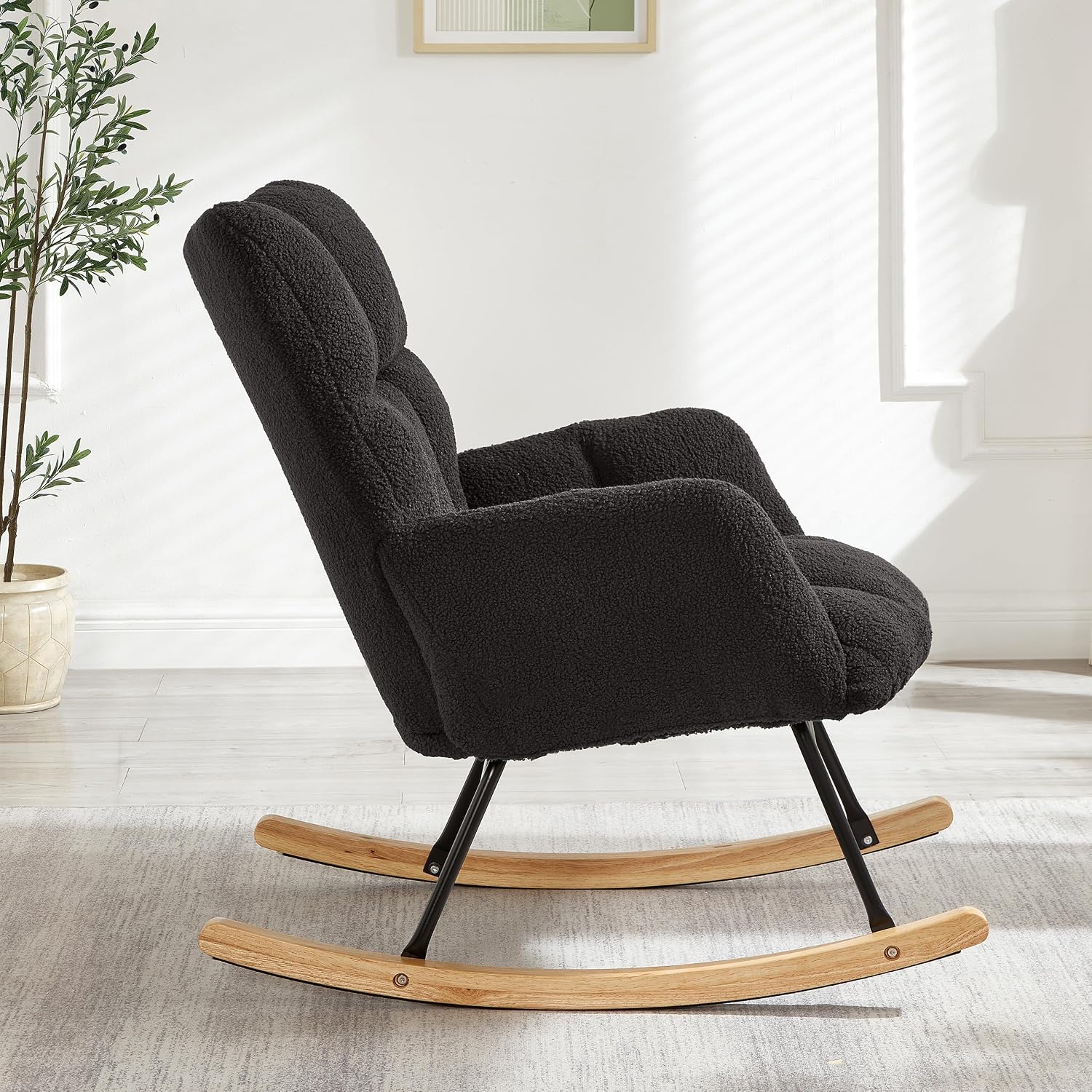 Glider Chair for Living Room & Nursery, Tufted Upholstered Teddy Rocking Chair with High Backrest & Stable Metal Frame, 300lbs Capacity, Comfy Rocker Glider for Adults & Kids, Office & Bedroom(Gray)