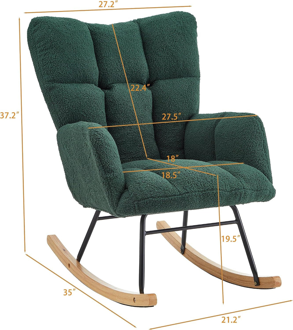 Glider Chair for Living Room & Nursery, Tufted Upholstered Teddy Rocking Chair with High Backrest & Stable Metal Frame, 300lbs Capacity, Comfy Rocker Glider for Adults & Kids, Office & Bedroom(Green)