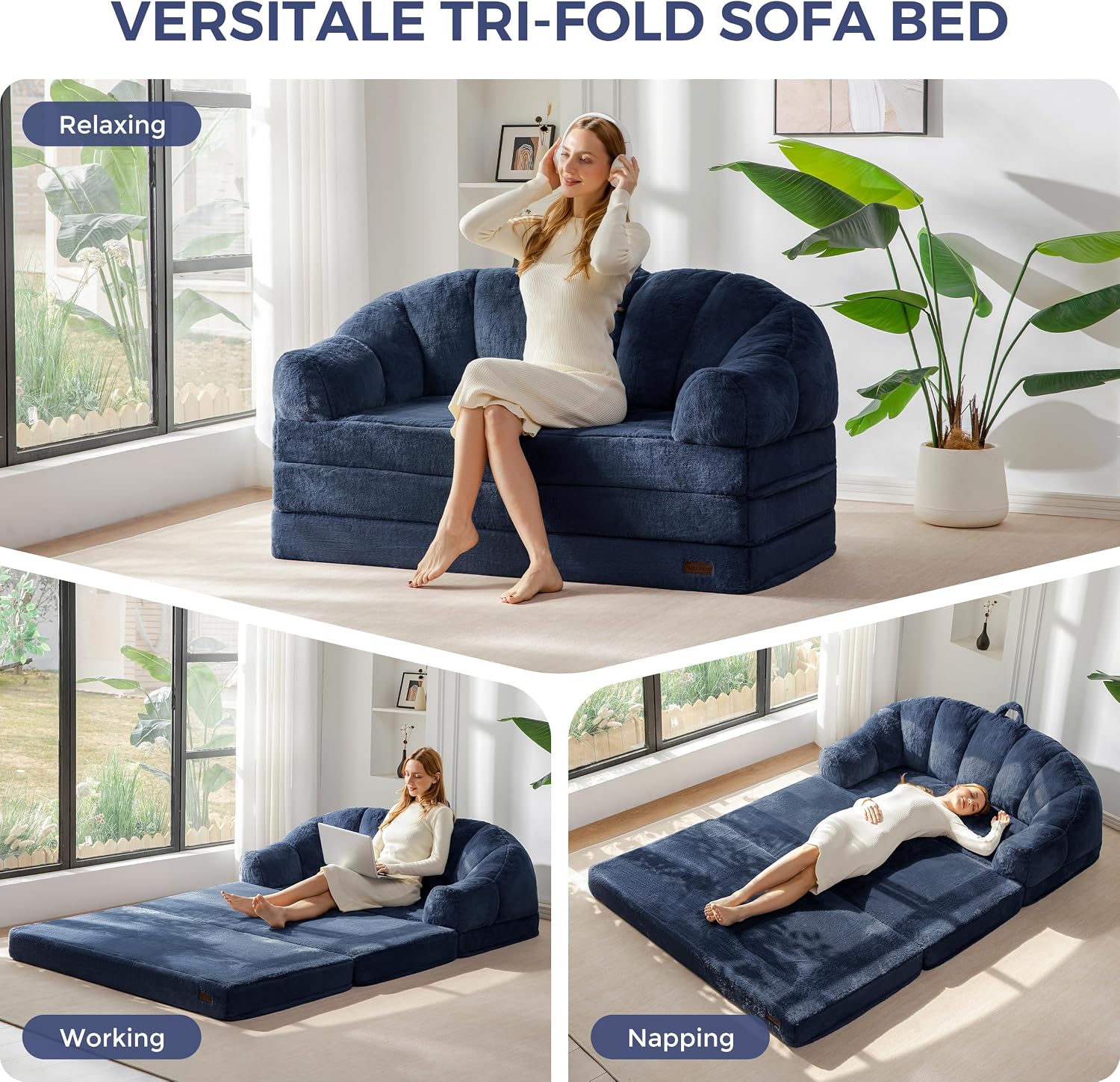 MAXYOYO Folding Sofa Bed, 2 in 1 Convertible Sofa to Lounger Comfy Loveseat Bean Bag Chair for Adults, Floor Sleeper Couch with Handle, Faux Fur Couch Bed for Living Room Bedroom, Navy, Loveseat