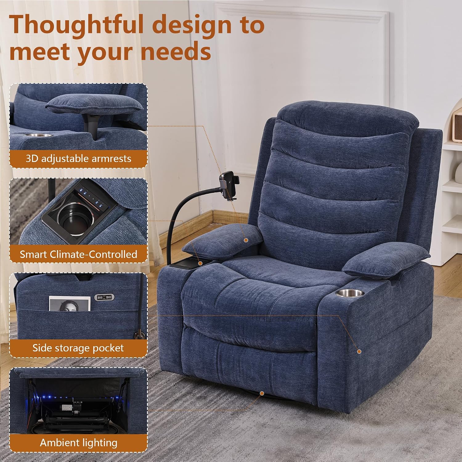 Holaki Rocking Chair Nursery, Oversized Glider Recliner Nursery Chair Swivel Reading Chair with Heated Lumbar Support Smart Cup Holder and Fast-Charging Phone Mount for Breastfeeding(Blue)