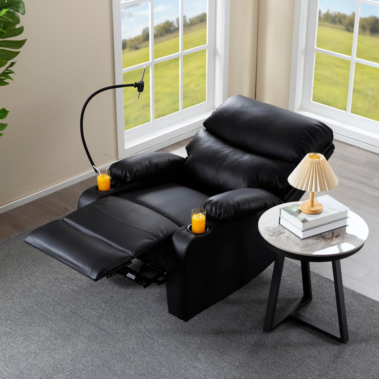 Recliner Chair, Oversized Reclining Chair with Phone Holder & 2 Cup Holders, Leather Wide Rocker Chair for Adults, Single Reclining Sofa Recliner for Living Room, Office, Theater Seating