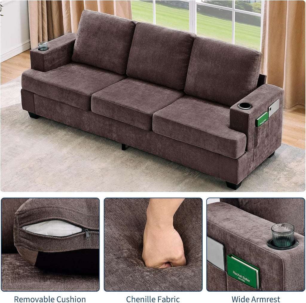 Garvee 89' 3-Seater Sofa for Living Room, Comfy Couches with Deep Seat, Modern Chenille Couch with Cup Holders and Side Storage Pockets for Apartment Lounge, Brown