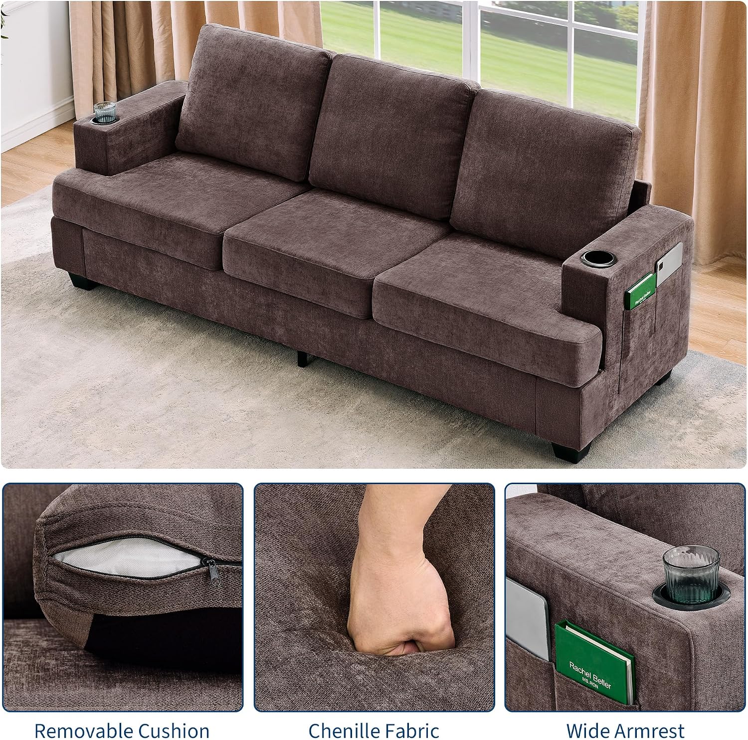 Garvee 89' 3-Seater Sofa for Living Room, Comfy Couches with Deep Seat, Modern Chenille Couch with Cup Holders and Side Storage Pockets for Apartment Lounge, Brown