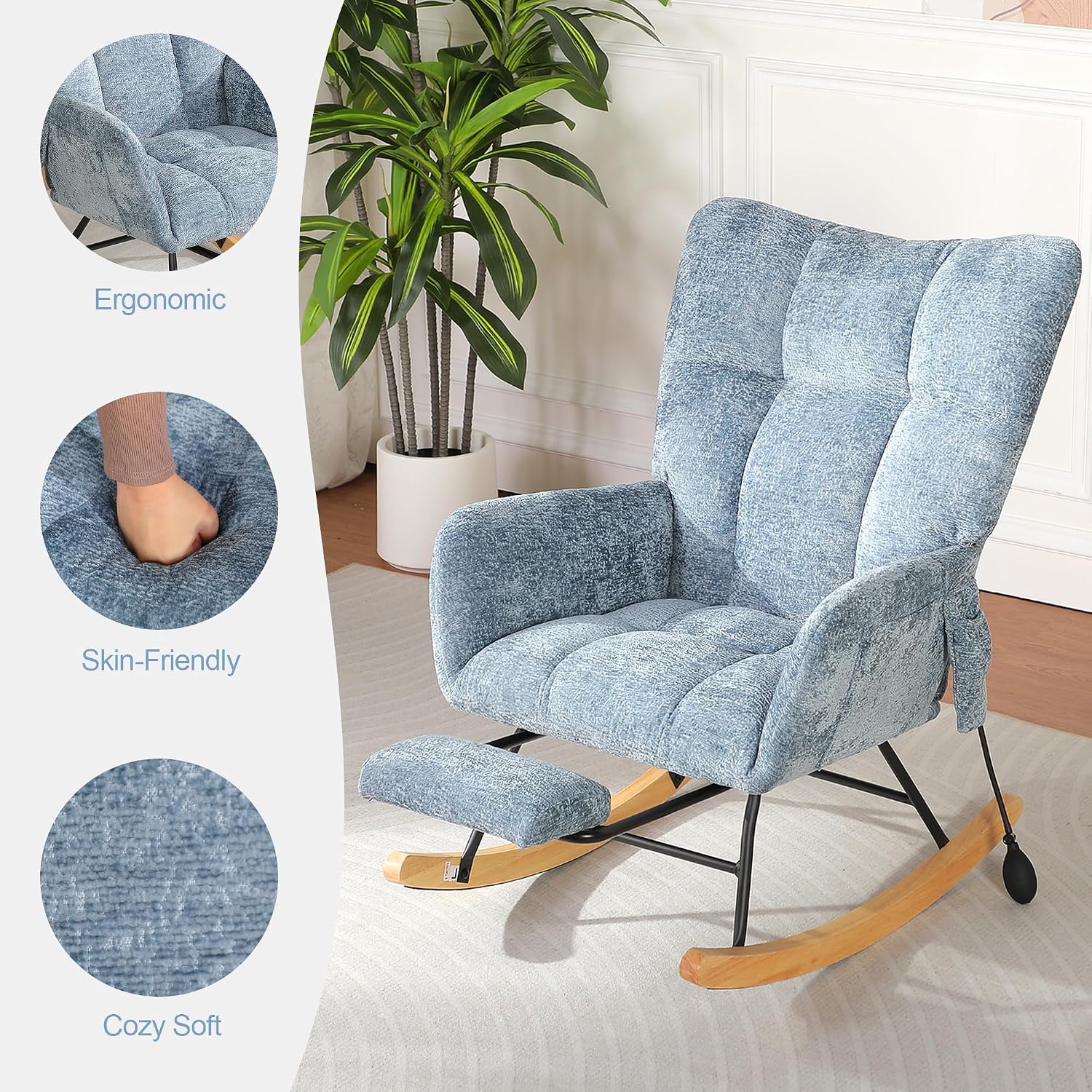 Rocking Chair Nursery with Airbag, Comfy Modern Nursery Rocking Reading Chair Indoor with Footrest, Cozy Upholstered Glider Rocker Chairs for Living Room Bedroom Offices, (Chenille, Blue)