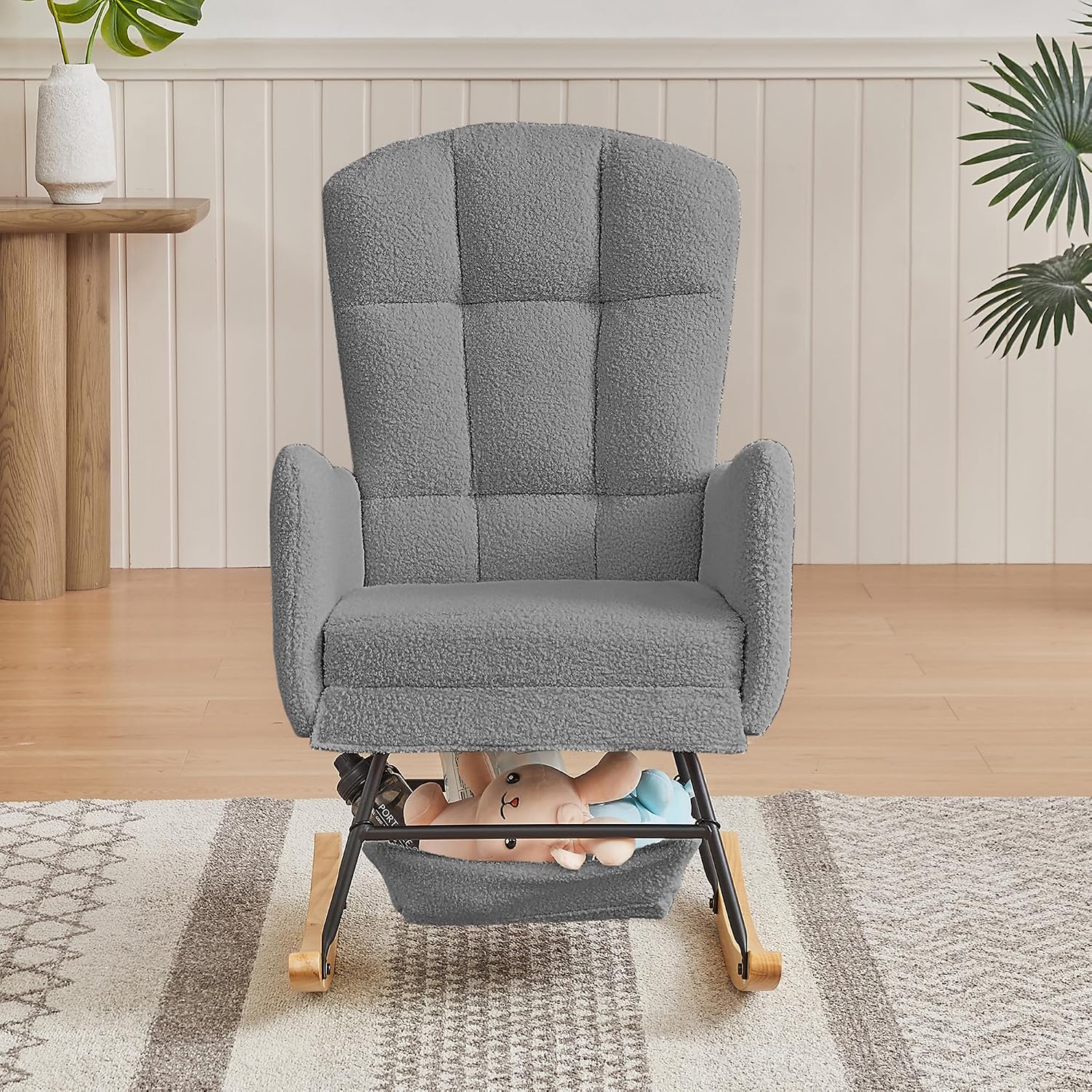 Teddy Upholstered Rocking Chair,Indoor Glider Chair with High Backrest and Side Pockets, Accent Arm Chair with Storage Bag for Living Room. (Grey)