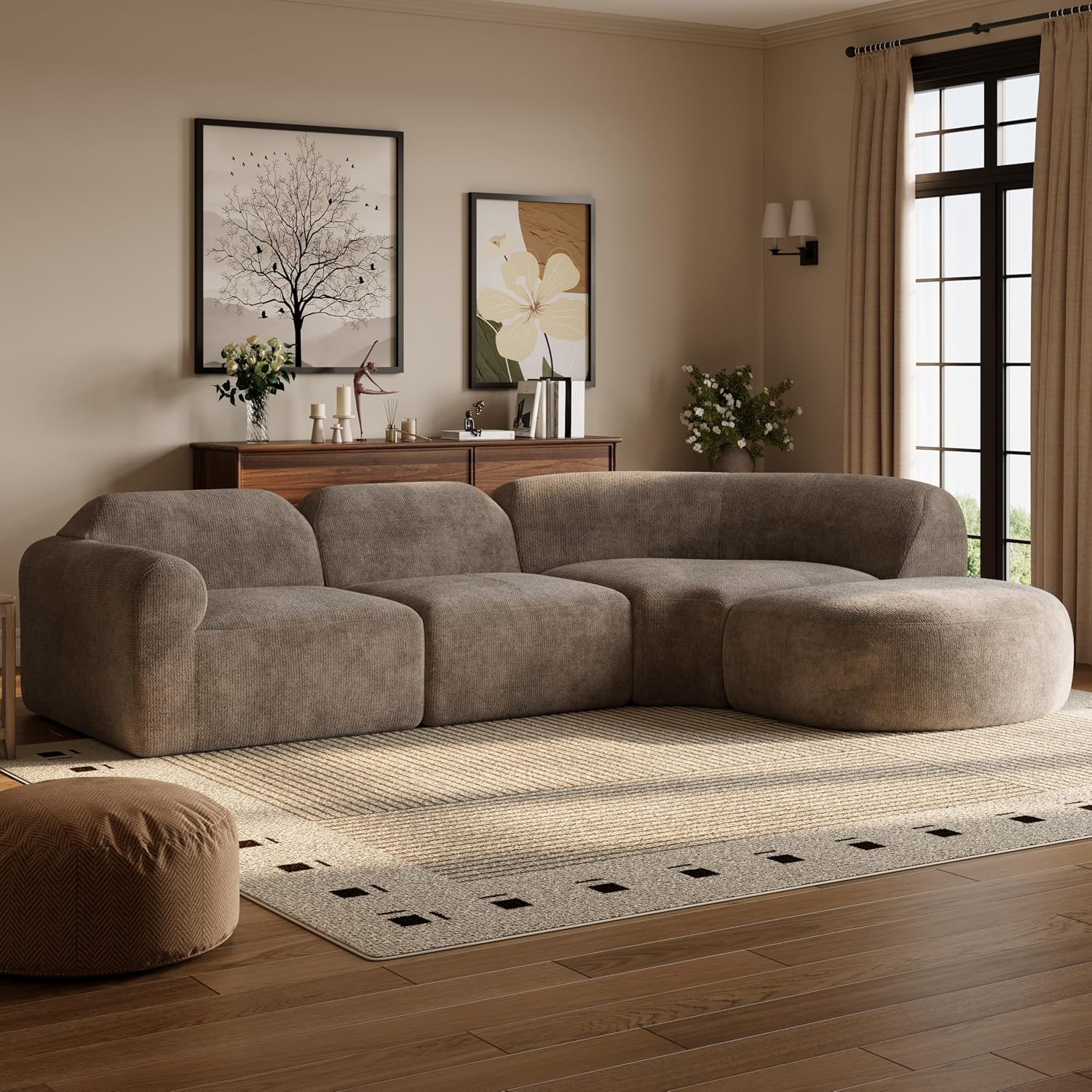 Merax Modern Curved Sectional Sofa with Ottoman, Couch 4-Piece Set High-Density Compressed Sponge, Fully Assembled, Right Hand Facing, Plush Deep Seat for Living Room, Lounge, Apartment, Dark Brown