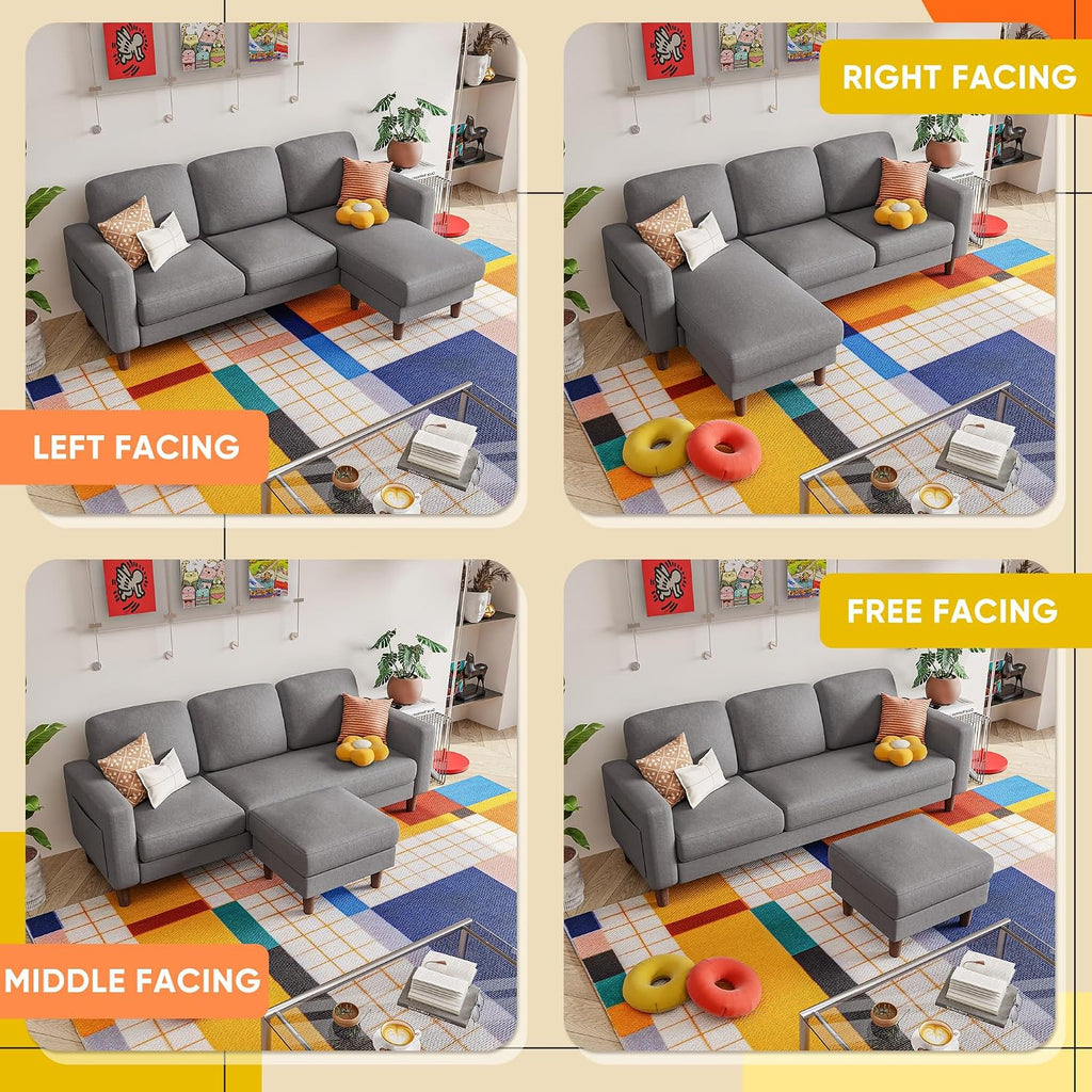 YESHOMY Couches for Living Room, Sofa with Movable Ottoman, Small Couch with Reversible Chaise and Side Pockets, L Shaped Couch for Small Space, Apartment (Linen Fabric, Light Grey)