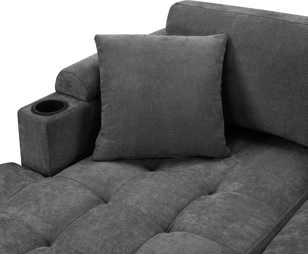 Merax 115.7' U-Shaped Chenille Sectional Sofa, 4 Seat Corner Couch Oversized with Built-in Cup Holders, 3 Pillows, Storage Space for Living Room, Grey