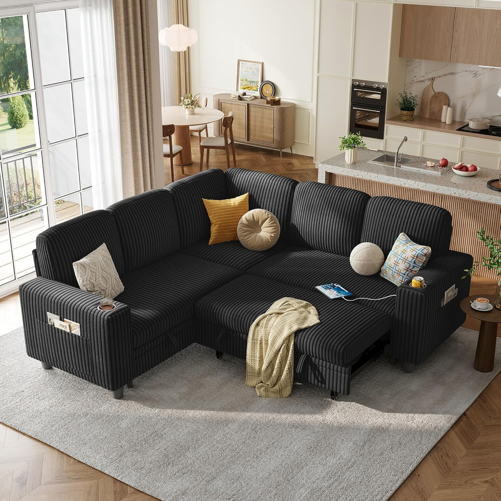 LINSY HOME Sectional Sleeper Sofa Pull Out Couches for Living Room (Black, Sleeper Sofa 2) | Pull Out Sofa Bed, Storage, USB Charging, Cup Holders, Plush Corduroy | Pull Out Sofa Bed, Storage, USB Charging, Cup Holders, Plush Corduroy