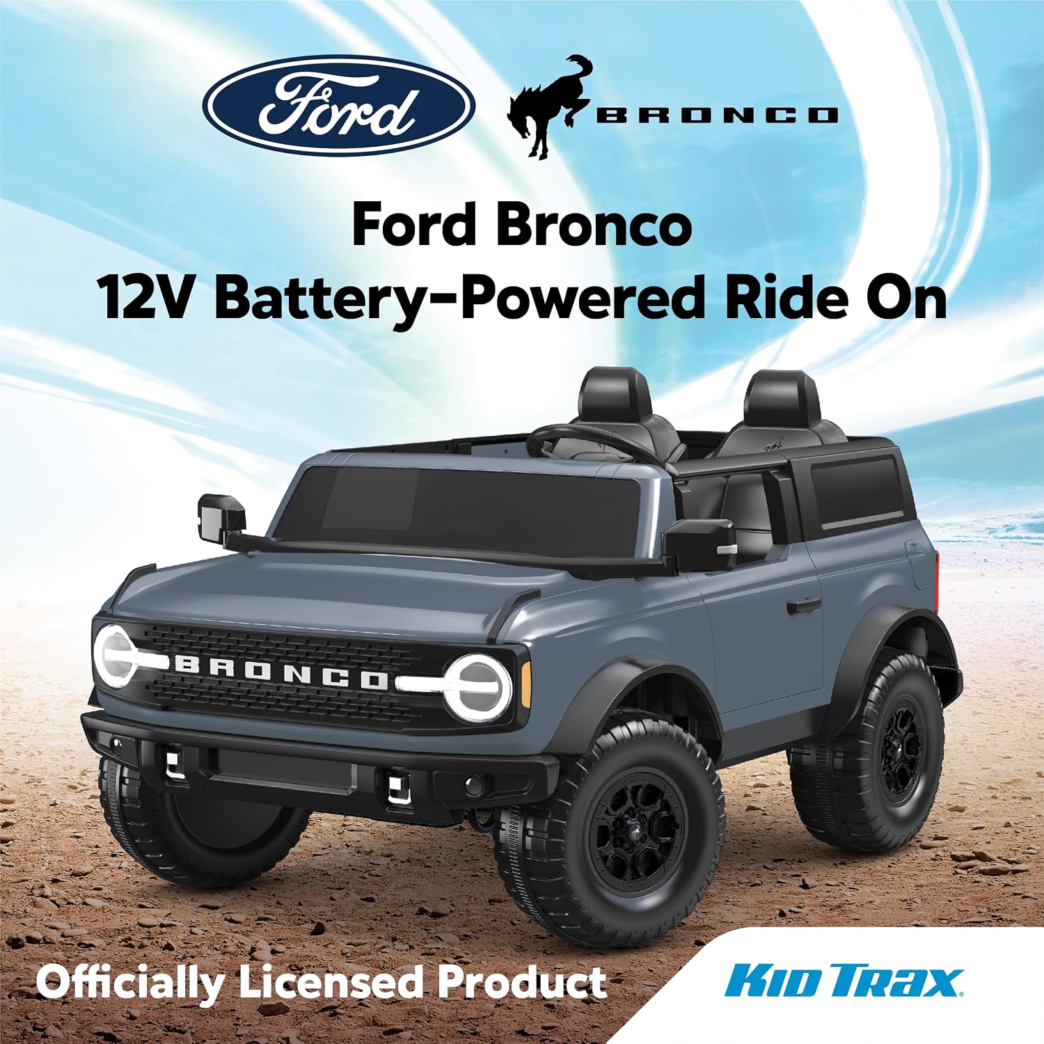 Kid Trax 12V Ford Bronco Ride-On Toy for Ages 3-7, Battery Powered, LED Headlights, FM Radio, MP3, Horn, 2-Seater, Max Weight 130 lb, 2 Speeds, Electric Car for Kids, Kids Ride on Toys, No Remote