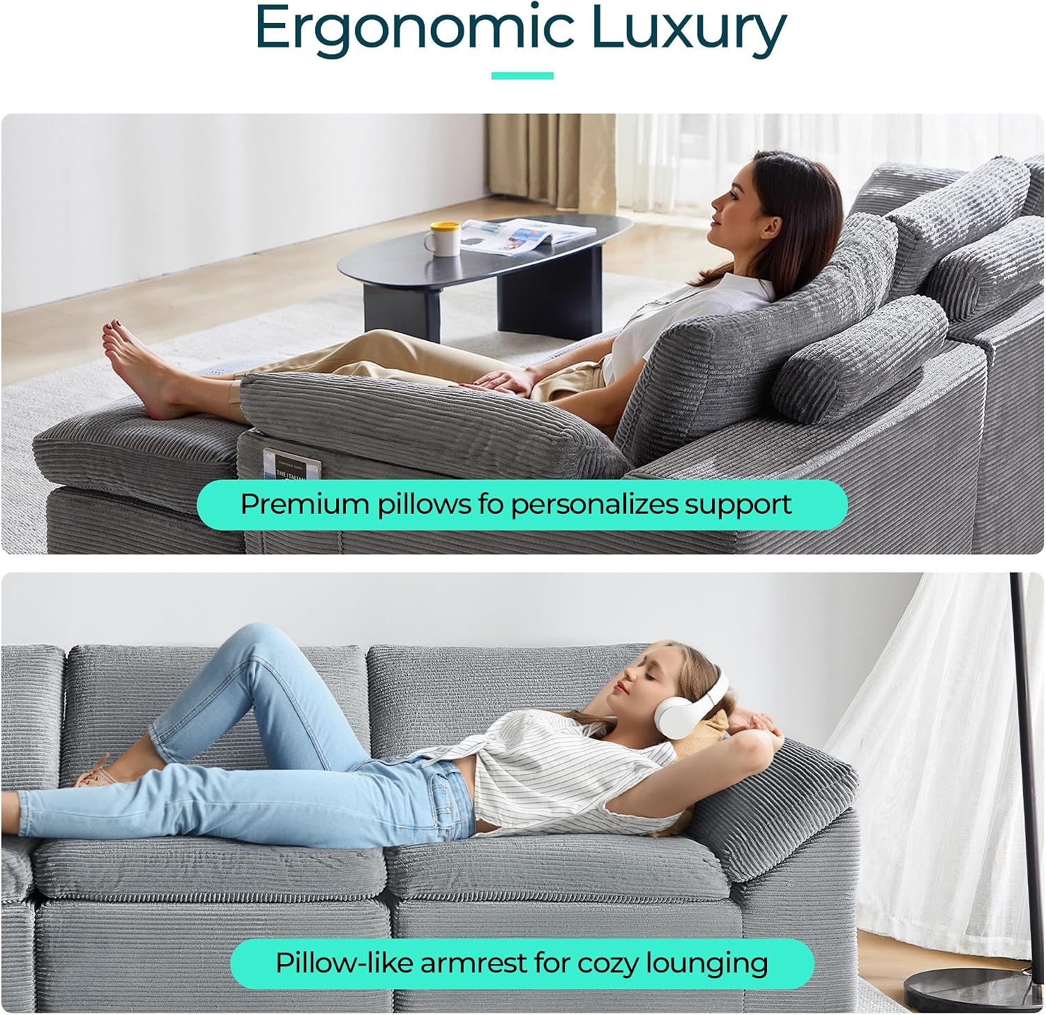 LINSY HOME 109' Modular Couch Modern Boneless Cloud Couch, U Shaped Sofa with Movable Ottomans, Deep Seat Corduroy Sectional Couches for Living Room, Apartment, No Assembly Required, Grey