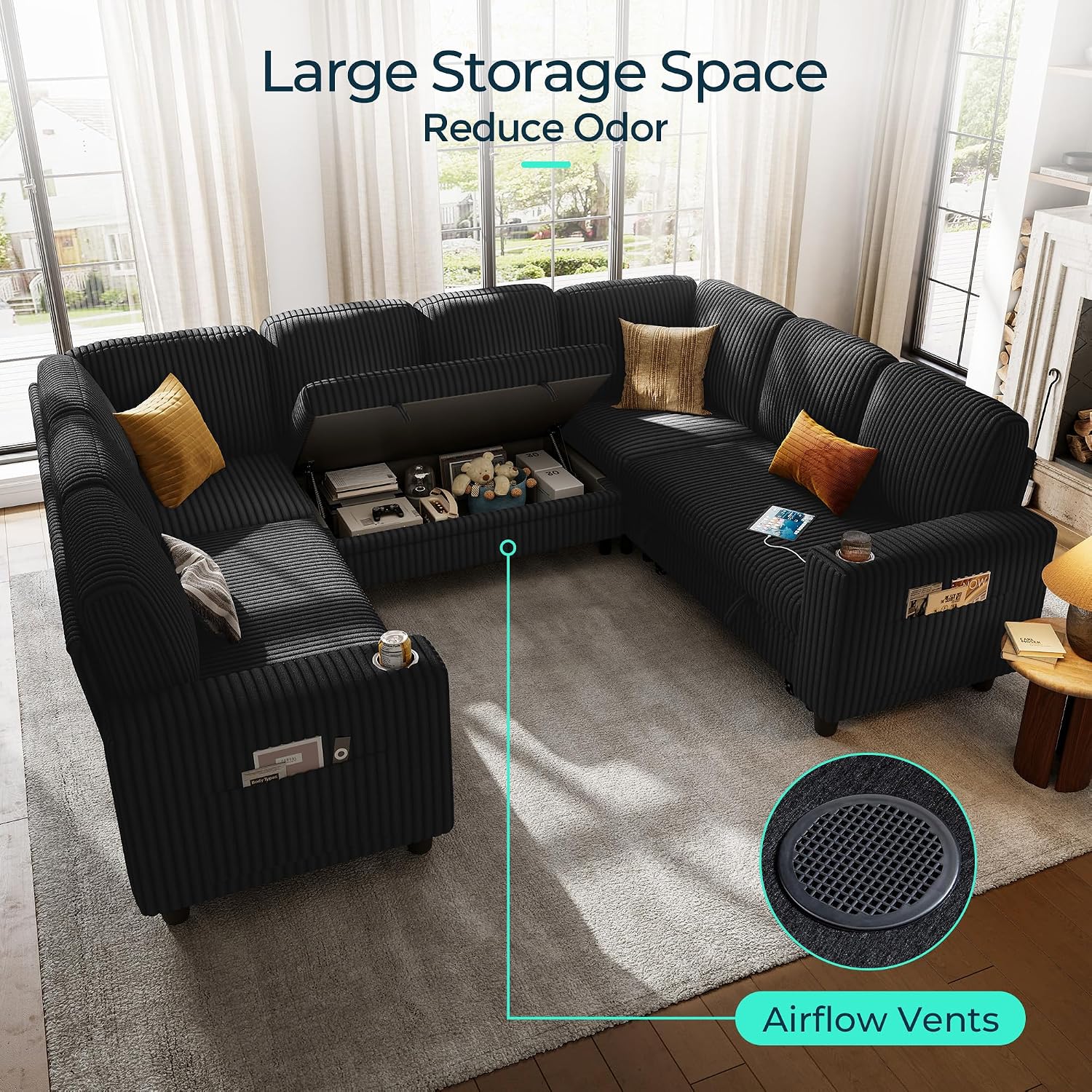 LINSY HOME Sectional Sleeper Sofa with Storage Chaise & USB Charging, Convertible Pull Out Couch Bed Plush Corduroy Modular Sectional Couches for Living Room Apartment (Black)