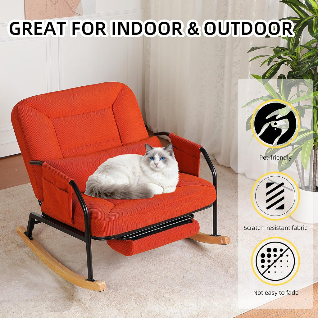 Oversized Rocking Chair, Extra-Wide Glider Patio Rocker Chairs with Foot Rest, Padded Cushion, Adjustable Backrest, Mental Wooden Farm, Indoor/Outdoor Living Room Bedroom Balcony Porch, Orange