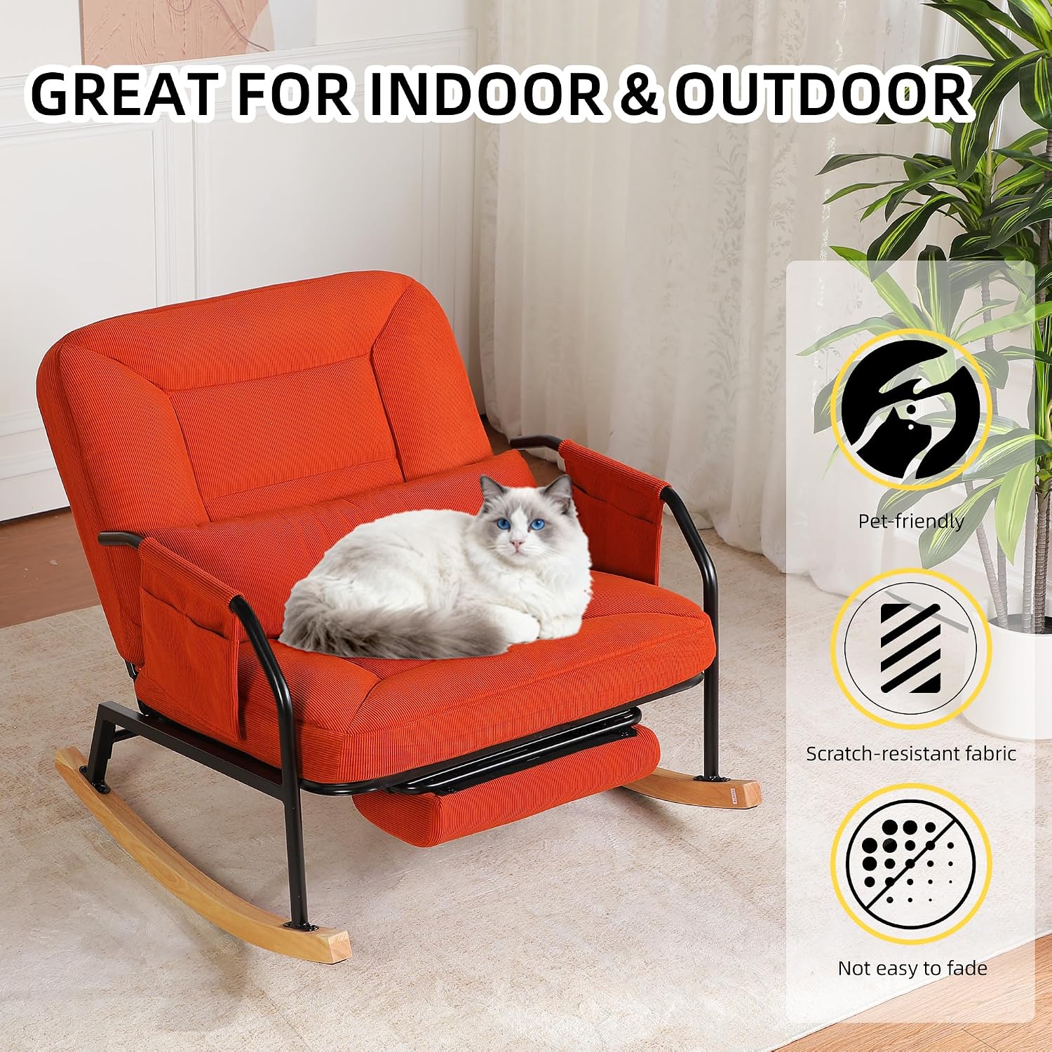 Oversized Rocking Chair, Extra-Wide Glider Patio Rocker Chairs with Foot Rest, Padded Cushion, Adjustable Backrest, Mental Wooden Farm, Indoor/Outdoor Living Room Bedroom Balcony Porch, Orange