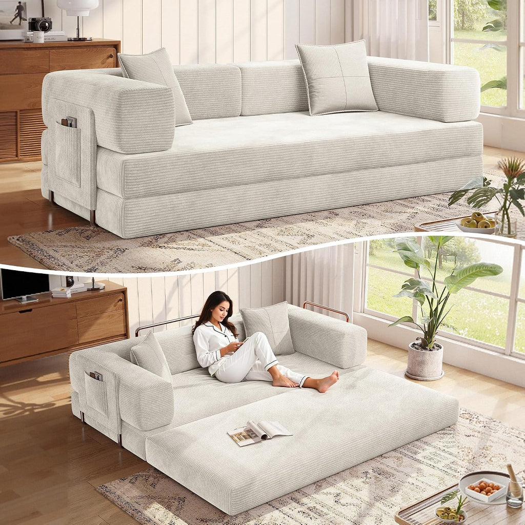 MoonSpeak 78.8''Sleeper Couch Bed for Livingroom,Convertible Modular Sofa with Armrest Pillow,Modular Foldable Corduroy Couches in a Box,No Assembly (White)