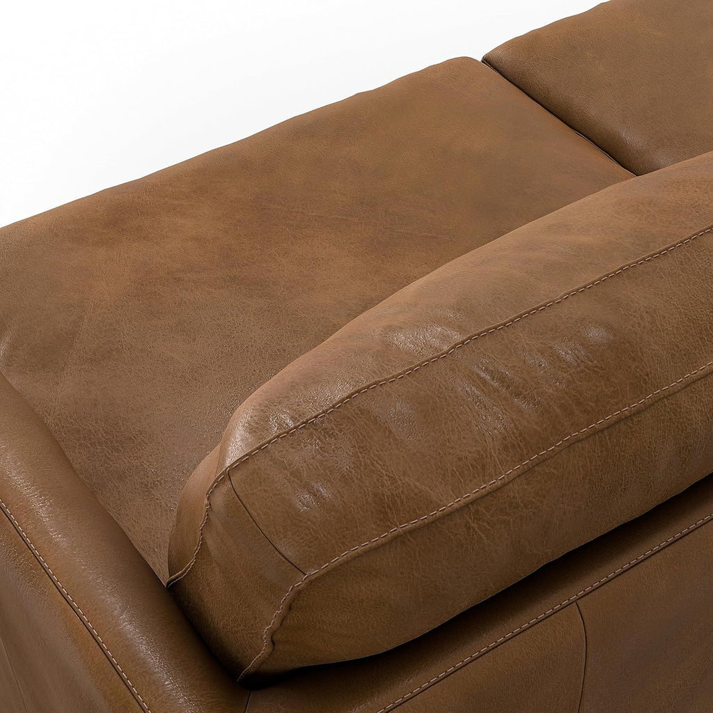 SIMPLIHOME Livingston Sofa - 90 inch Wide Top Grain Genuine Leather Sofa in Caramel Brown, Mid-Century Modern 3-Seater Couch for Living Room with Feather-Wrapped Cushions and Solid Wood Frame