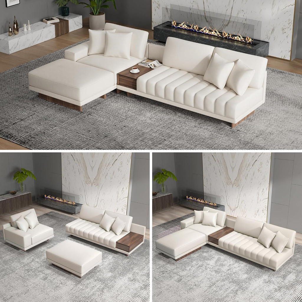 homary Leather Sectional Sofa – 126' Oversized L-Shaped Modular Couch with Storage Table & Ottoman, White Sofa for Modern Living Room or Family Space (Microfiber Leather, Ivory)