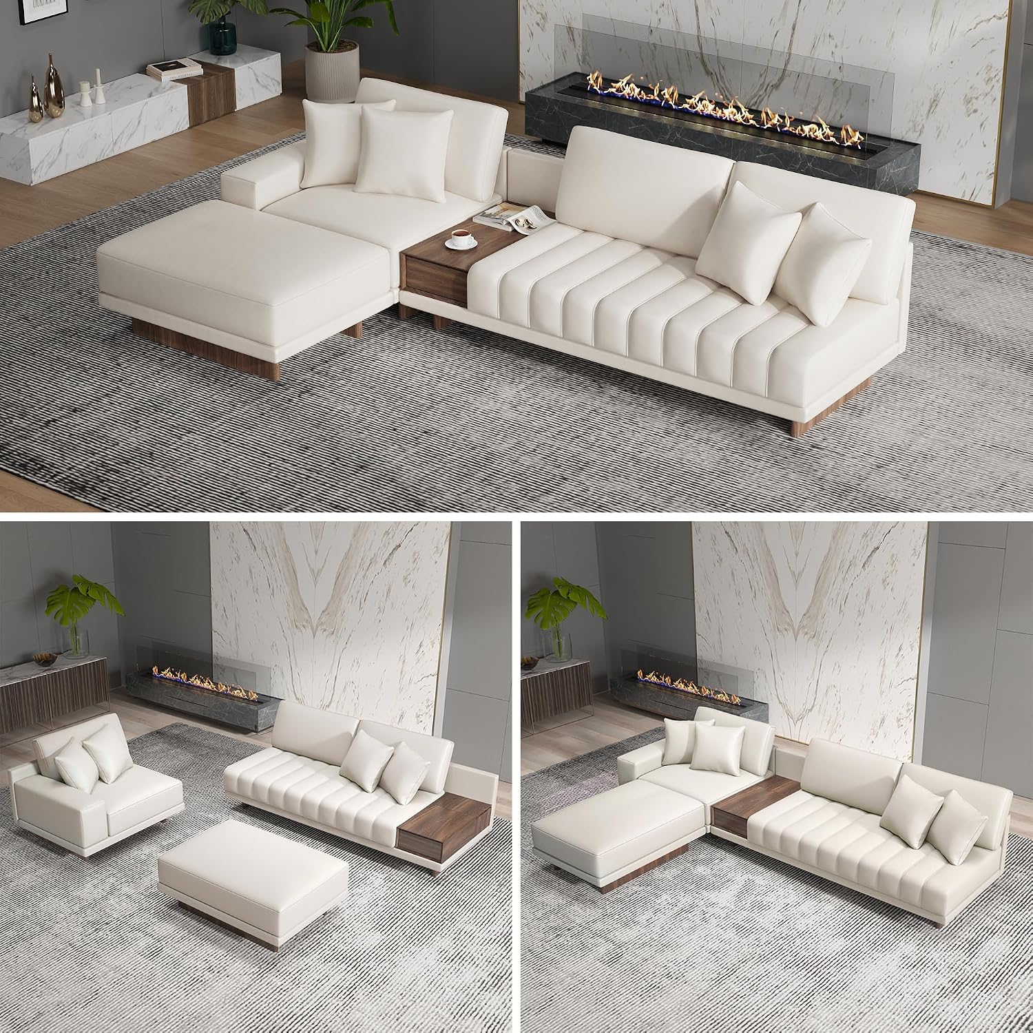 homary Leather Sectional Sofa – 126' Oversized L-Shaped Modular Couch with Storage Table & Ottoman, White Sofa for Modern Living Room or Family Space (Microfiber Leather, Ivory)