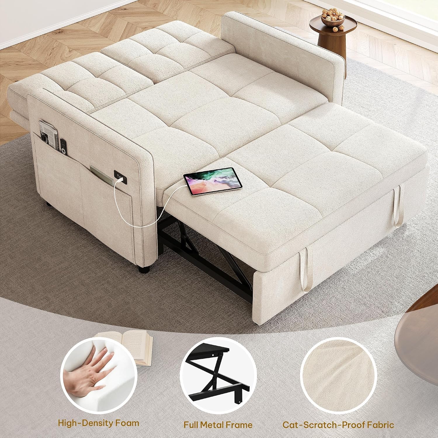 YITAHOME 55' Convertible Sofa Bed, 3-in-1 Sleeper Sofa with Pull-Out Bed, Cat-Scratch-Proof Futon Couch with 5-Levels Reclining Backrest, USB and Side Pocket, Modern Loveseat for Living Room, Beige