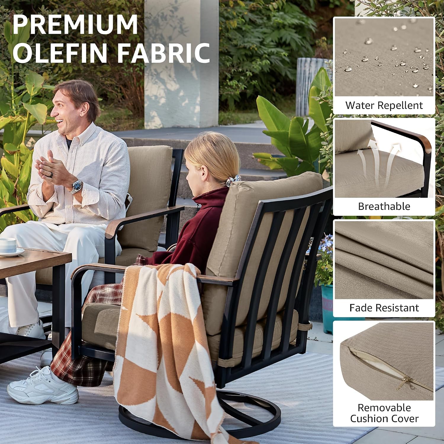 NATURAL EXPRESSIONS 5 Piece Patio Furniture Set,Outdoor Conversation with 4 Pieces Swivel Rocking Chairs,28' Double-Deck Wooden Grain Finish Metal Table, 6' Olefin Cushions for Yard,Porch (Shale)