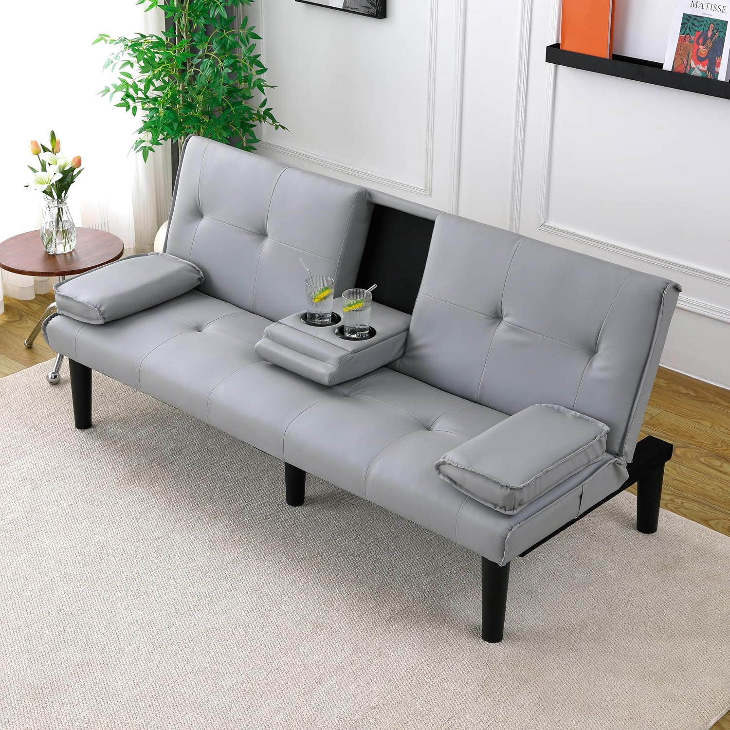 KEIKI 3 in 1 Convertible Sleeper Sofa Bed with Cup Holder, Futon Sofa for Living Room, Dorm, or Home Office, Light Gray