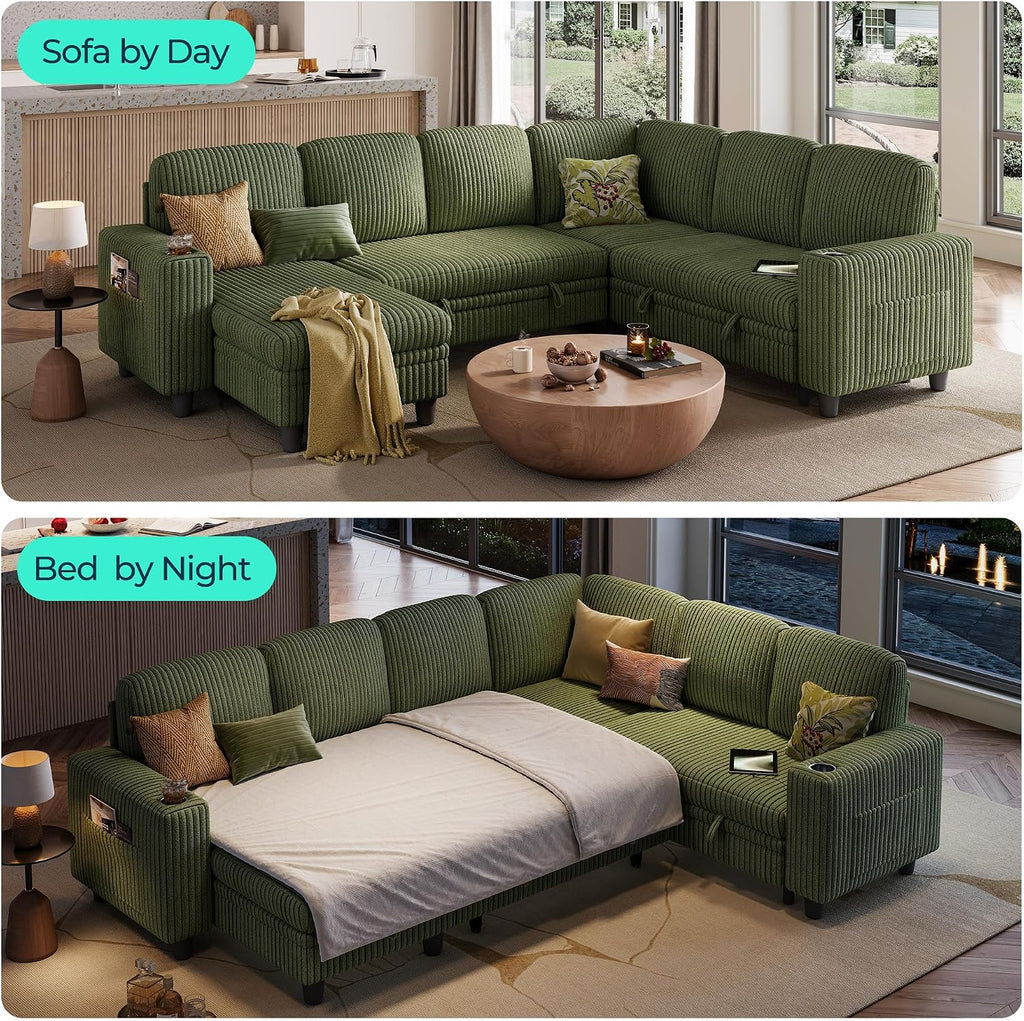 LINSY HOME Sectional Sofa with Pull Out Bed, 6 Seats Corduroy Reversible Sleeper Sofa with Storage Seats & Chaises, USB Ports, Cup Holders, Side Pocket, Sectional Couches for Living Room, Green | Plush corduroy
