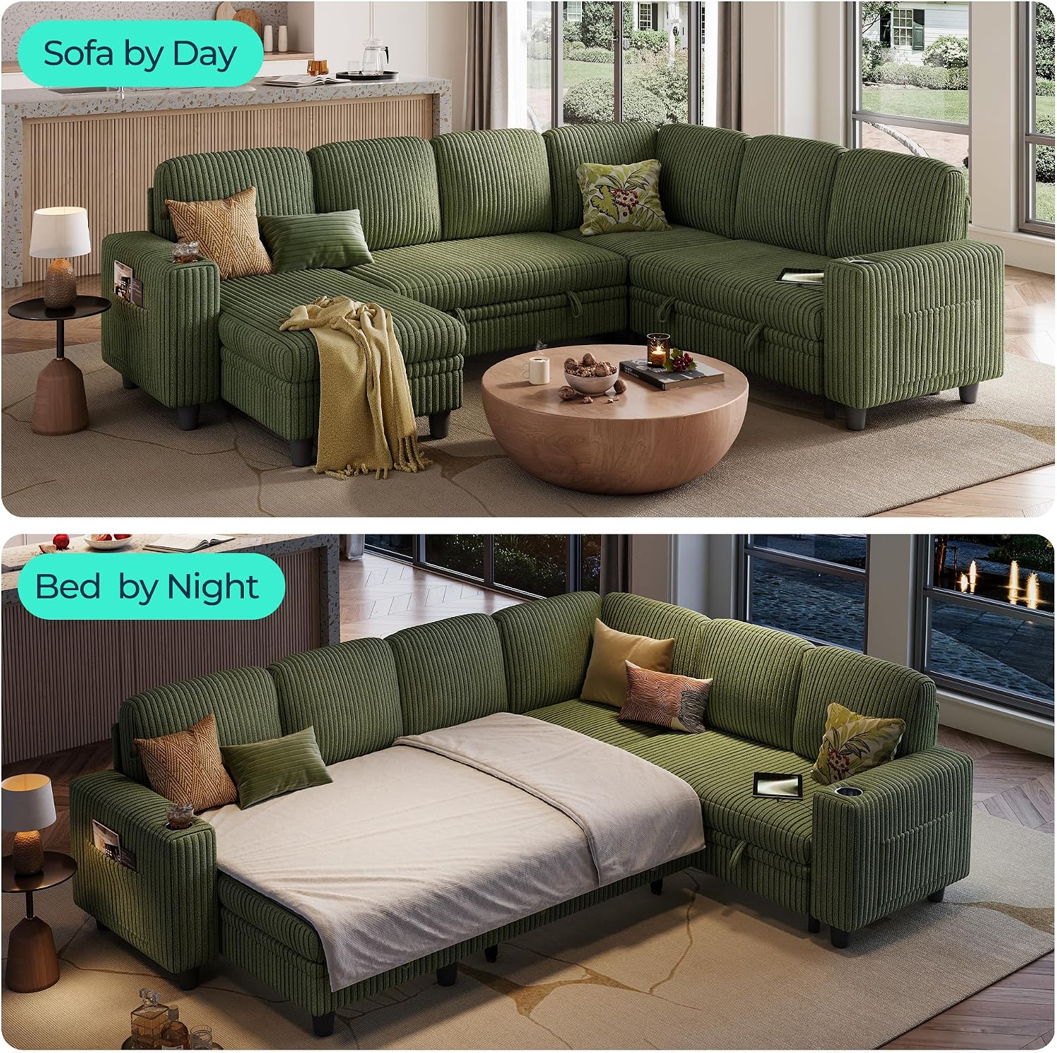 LINSY HOME Sectional Sofa with Pull Out Bed, 6 Seats Corduroy Reversible Sleeper Sofa with Storage Seats & Chaises, USB Ports, Cup Holders, Side Pocket, Sectional Couches for Living Room, Green | Plush corduroy