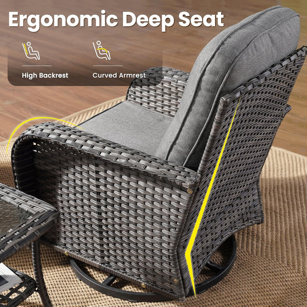 ovios 3-Piece Patio Furniture Set, Outdoor Wicker Sofa with Swivel Chairs, High Back Rattan Gliders Rocker with Comfy Cushions for Porch Yard Deck, Dark Grey