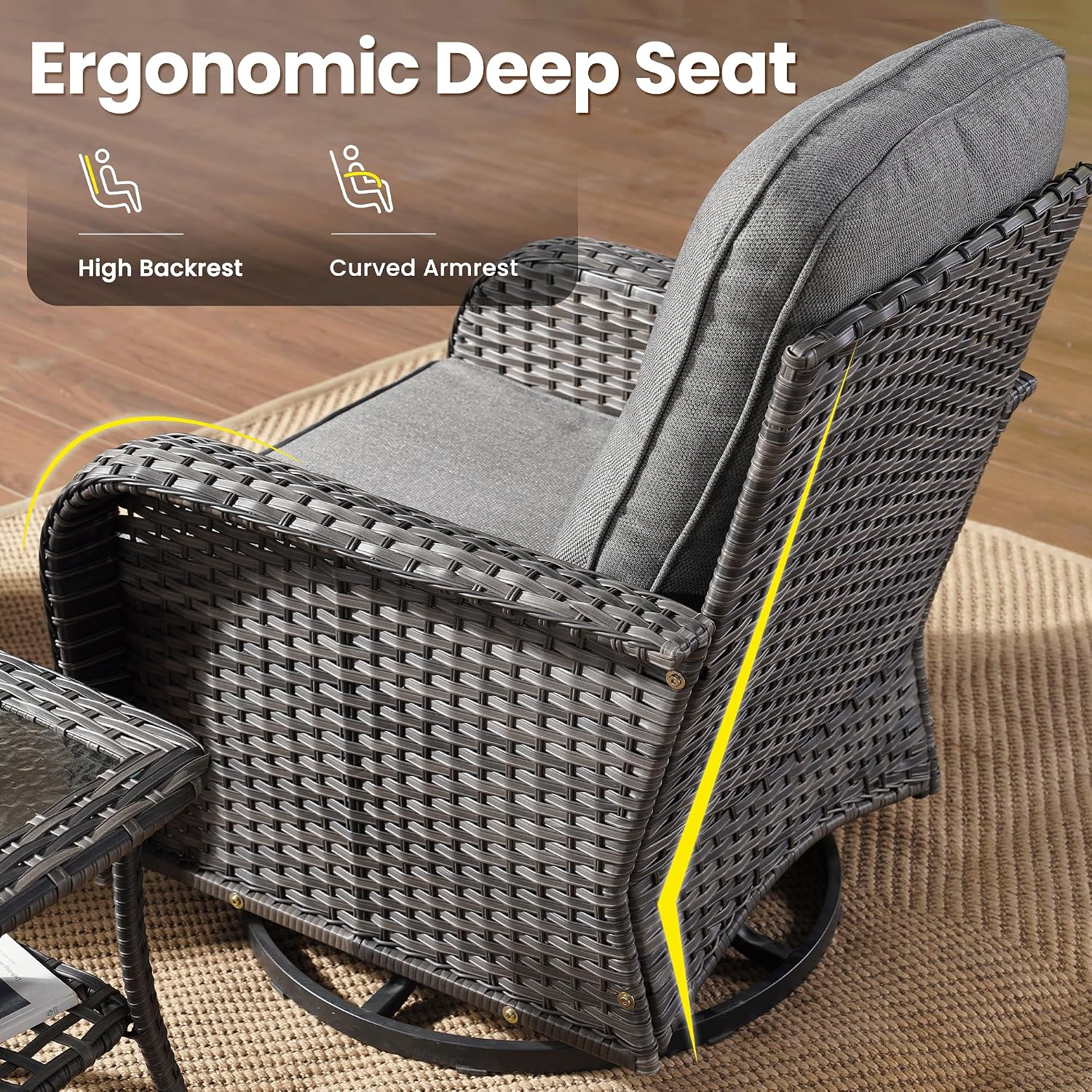 ovios 3-Piece Patio Furniture Set, Outdoor Wicker Sofa with Swivel Chairs, High Back Rattan Gliders Rocker with Comfy Cushions for Porch Yard Deck, Dark Grey