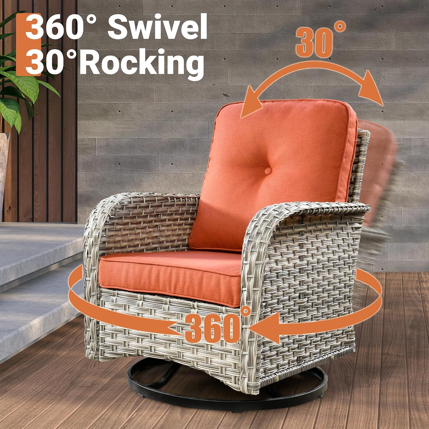 ovios Outdoor Swivel Rocking Chair Set of 3 with Coffee Table, Patio Wicker Rocker with Comfortable Thicken Deep Seating, Comfy Rattan Glider Chairs for Porch Deck Balcony Garden Backyard, Red