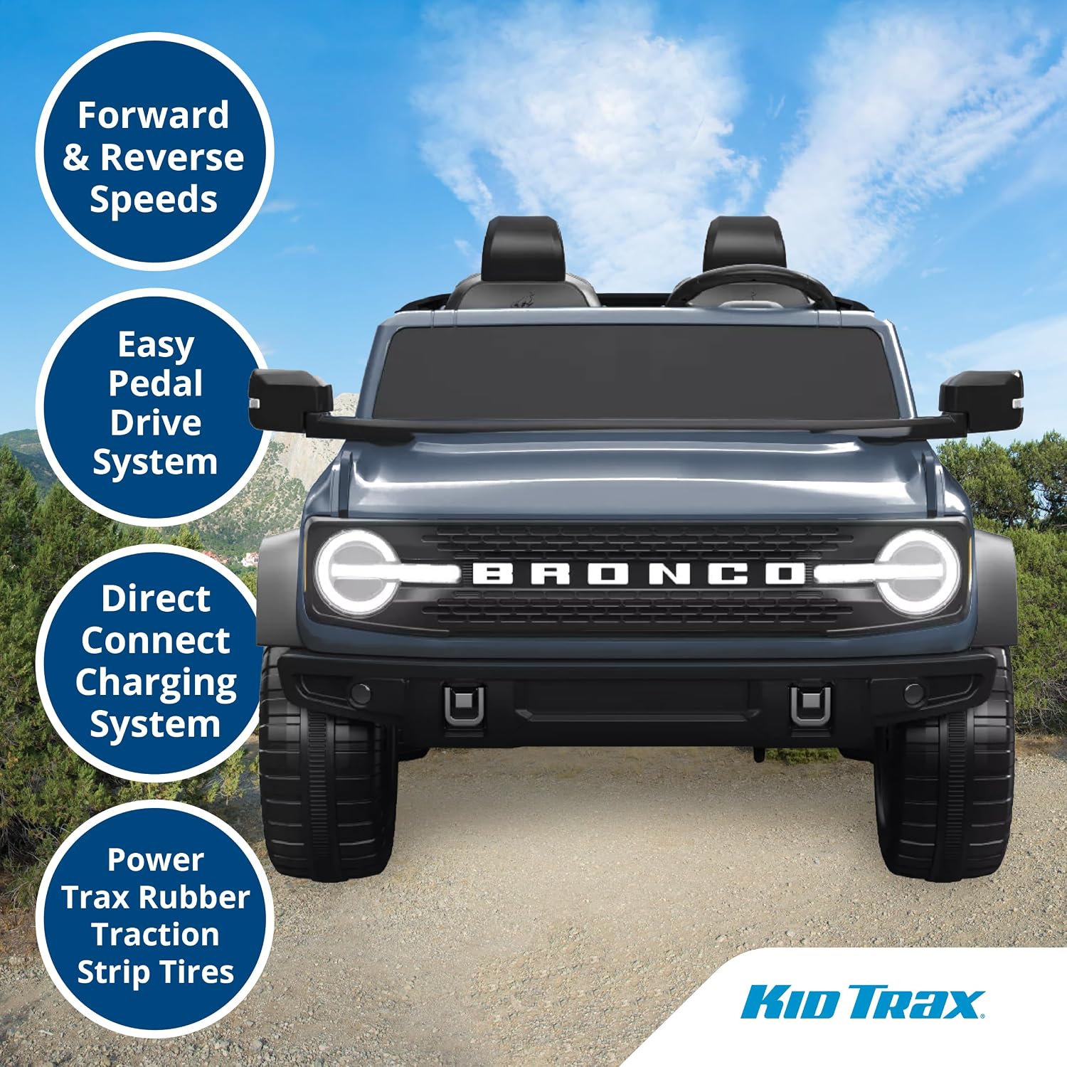 Kid Trax 12V Ford Bronco Ride-On Toy for Ages 3-7, Battery Powered, LED Headlights, FM Radio, MP3, Horn, 2-Seater, Max Weight 130 lb, 2 Speeds, Electric Car for Kids, Kids Ride on Toys, No Remote