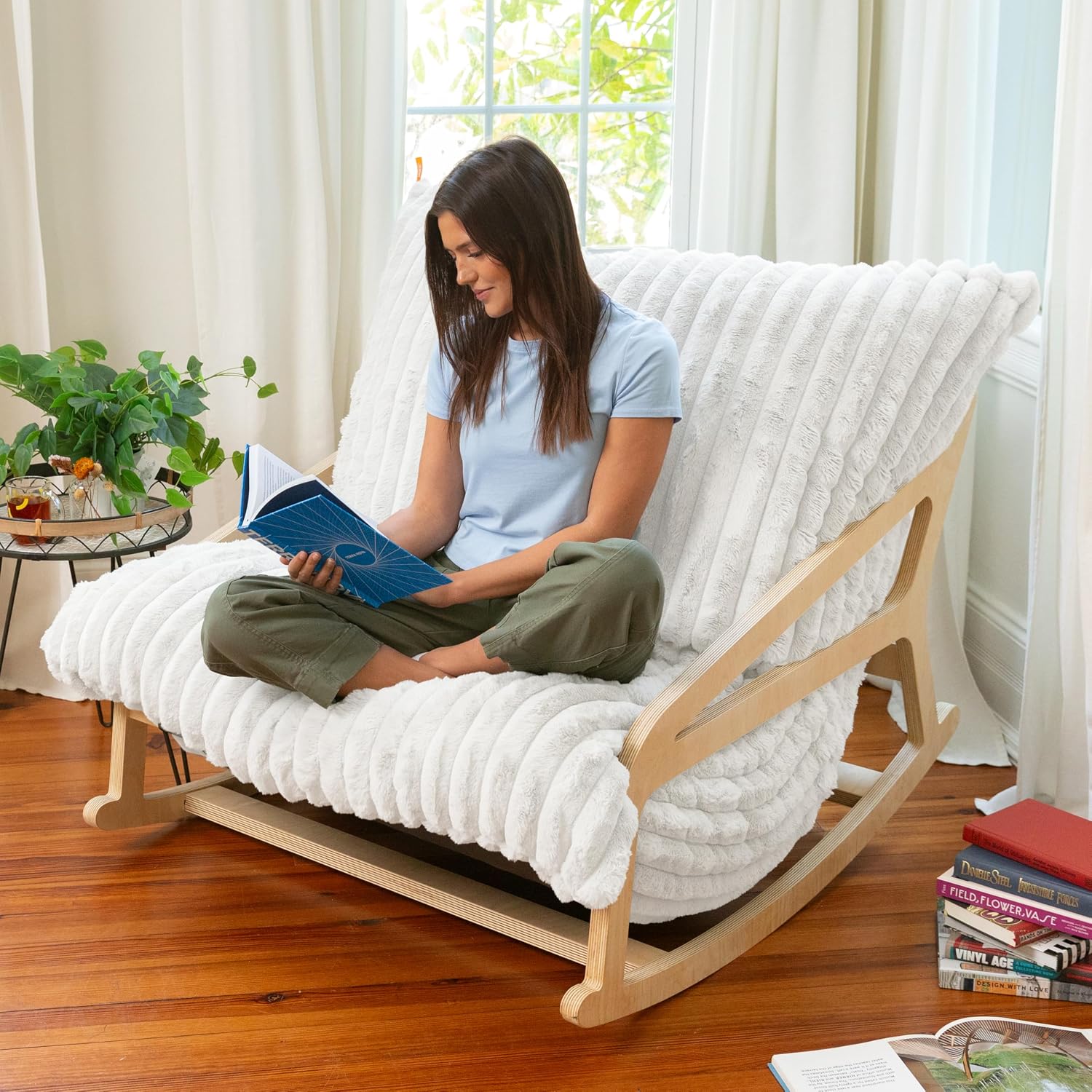 Pillow Saxx Bean Bag Rocking Chair - Elegant Oversized Rocker with Modern Wood Frame, Lush Velvet Green