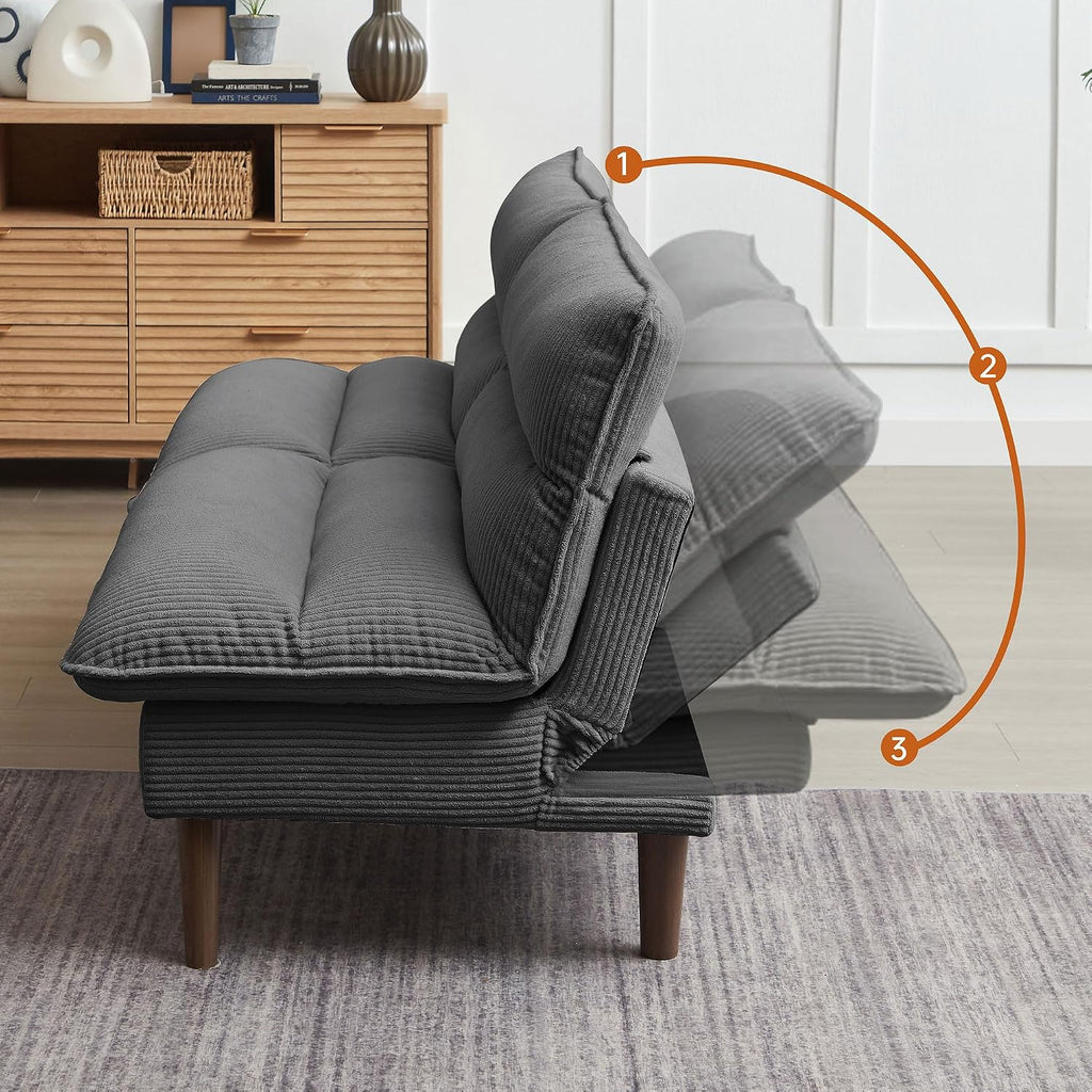 72' Futon Sofa Bed, Futon Couch with Adjustable Backrest, Recliner Small Loveseat for Living Room, Office, Apartment, Corduroy Loveseat, Dark Grey