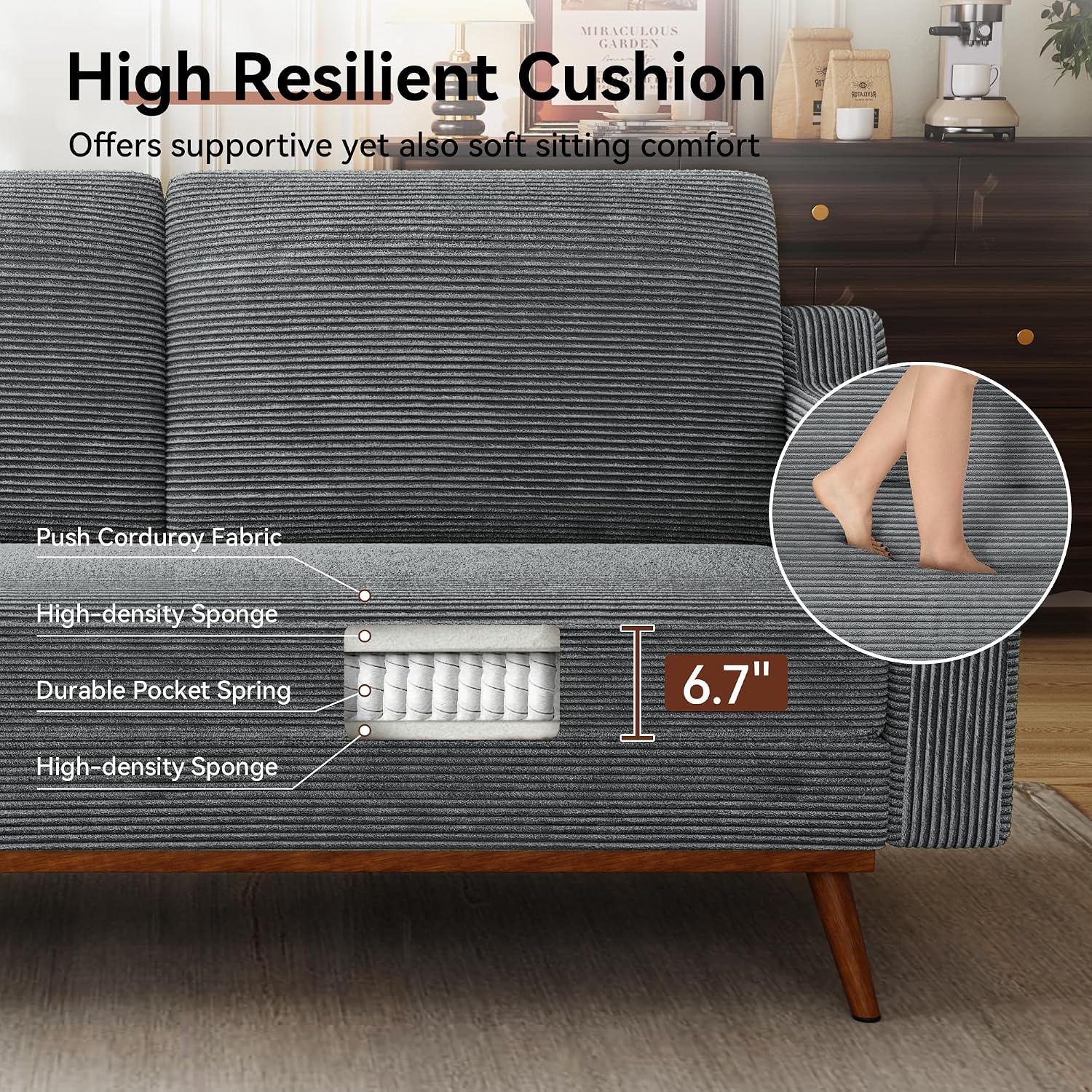 Vipbear 65.4' Loveseat Sofa Grey Corduroy Couch, Mid-Century Modern Small Couches for Living Room, Bedroom, Office, Comfy Sofa with Spring Cushion, Solid Wood Frame, Tool-Free Assembly