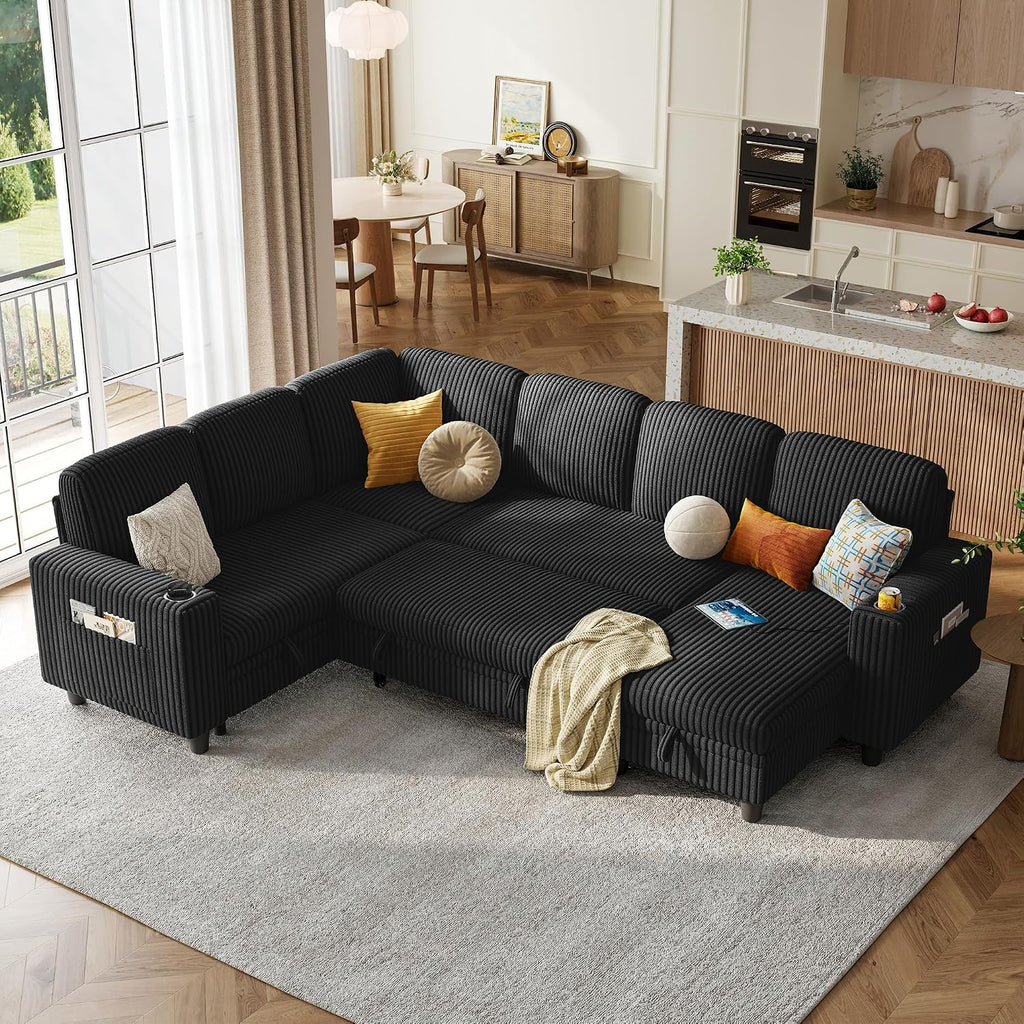 LINSY HOME Sectional Sleeper Sofa with Pull Out Couch Bed - Convertible Plush Corduroy Cloud Couch with Storage Chaise & USB Charging, Comfy Modular Couches for Living Room, Black