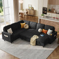 LINSY HOME Sectional Sleeper Sofa with Pull Out Couch Bed - Convertible Plush Corduroy Cloud Couch with Storage Chaise & USB Charging, Comfy Modular Couches for Living Room, Black