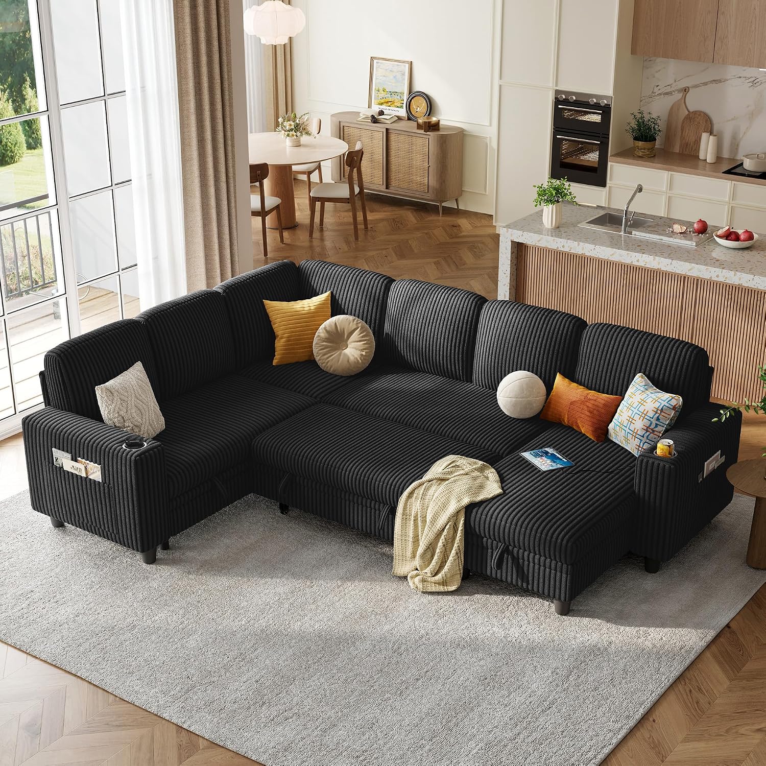 LINSY HOME Sectional Sleeper Sofa with Pull Out Couch Bed - Convertible Plush Corduroy Cloud Couch with Storage Chaise & USB Charging, Comfy Modular Couches for Living Room, Black