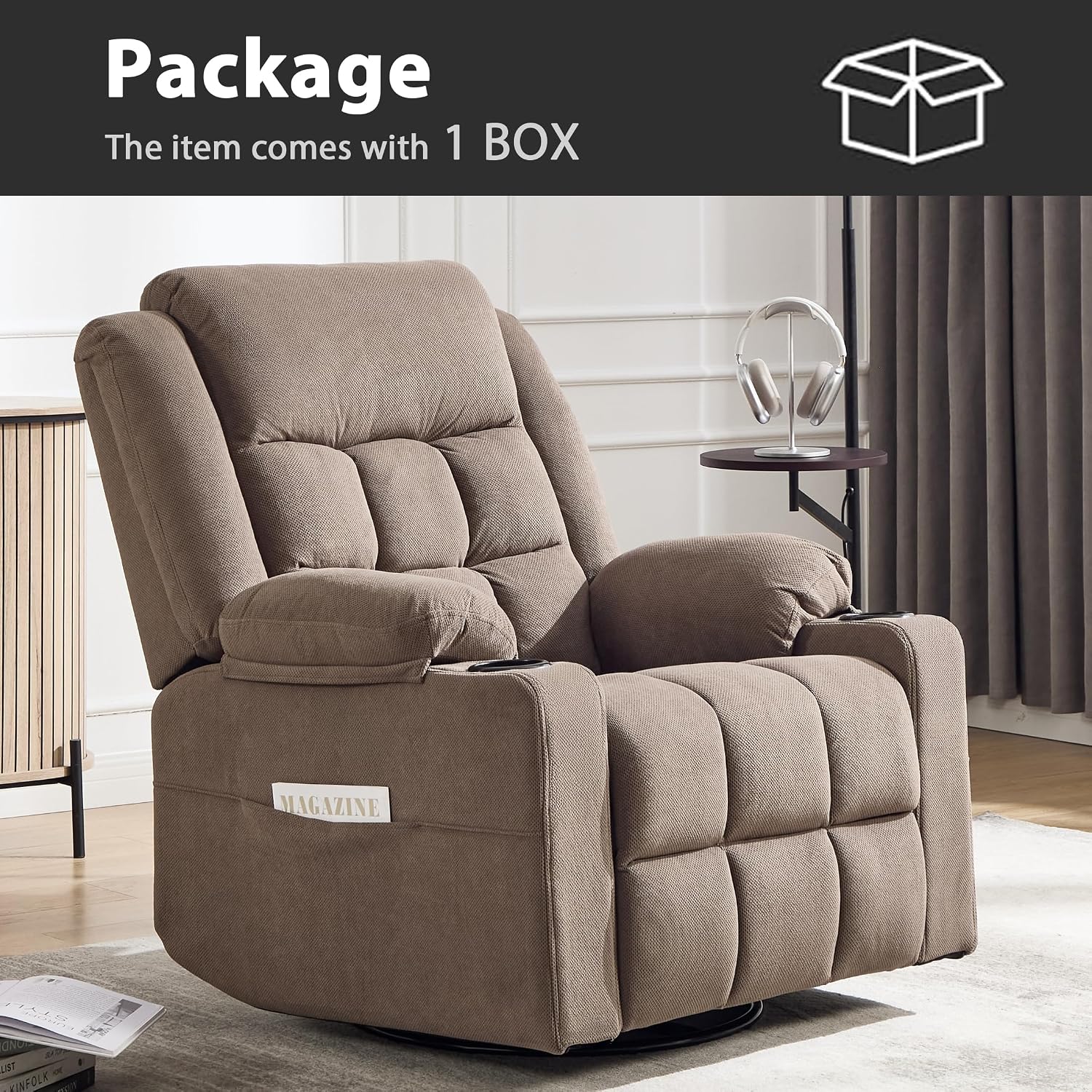 Swivel Rocker Recliner Chair with Massage and Heating,Cup Holders,Glider Recliner for Adults,Soft Fabric Living Room Nursing Reclining Sofa Chair (Coffe)
