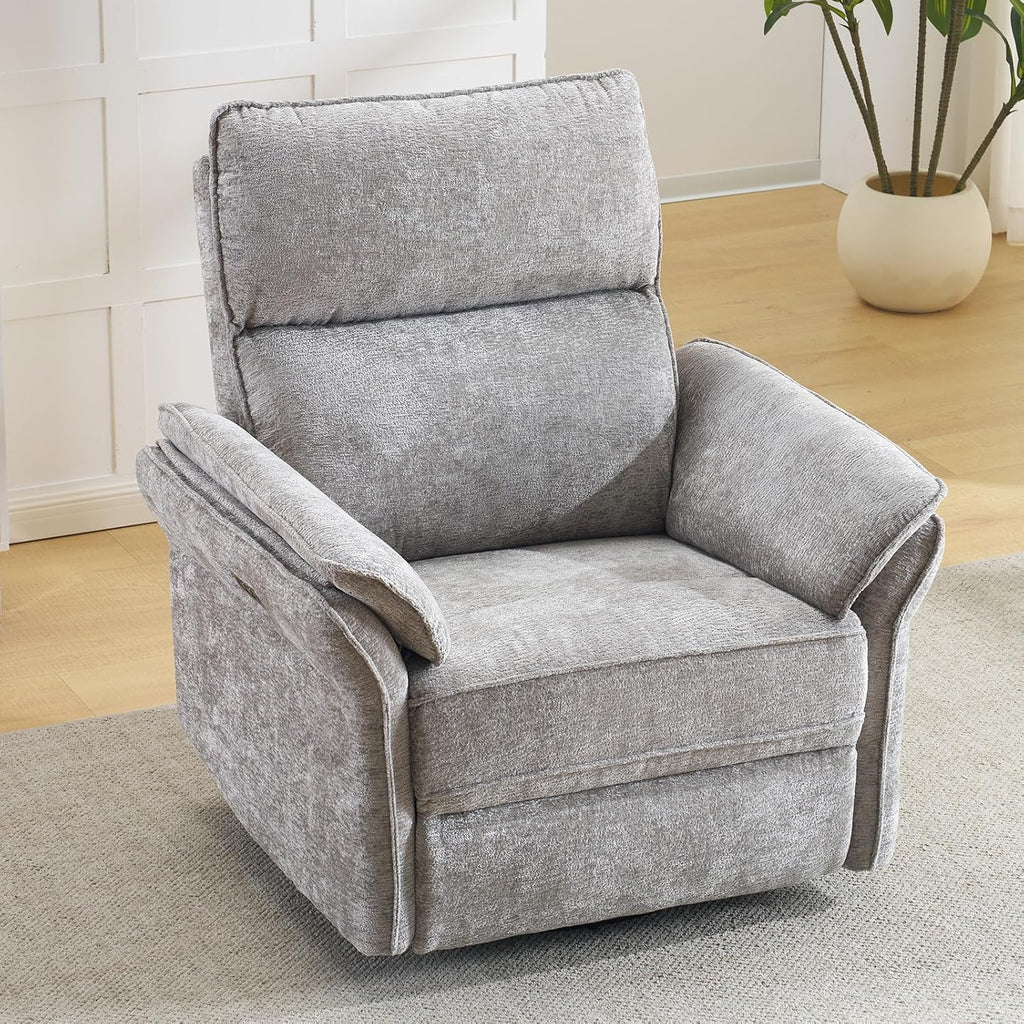 Oversized Rocking Chair Nursery with Massage and Heat, Glider Recliner Nursery Chair with Adjustable Headrest, Power Swivel Rocker Recliner Chair with USB Port, Light Grey