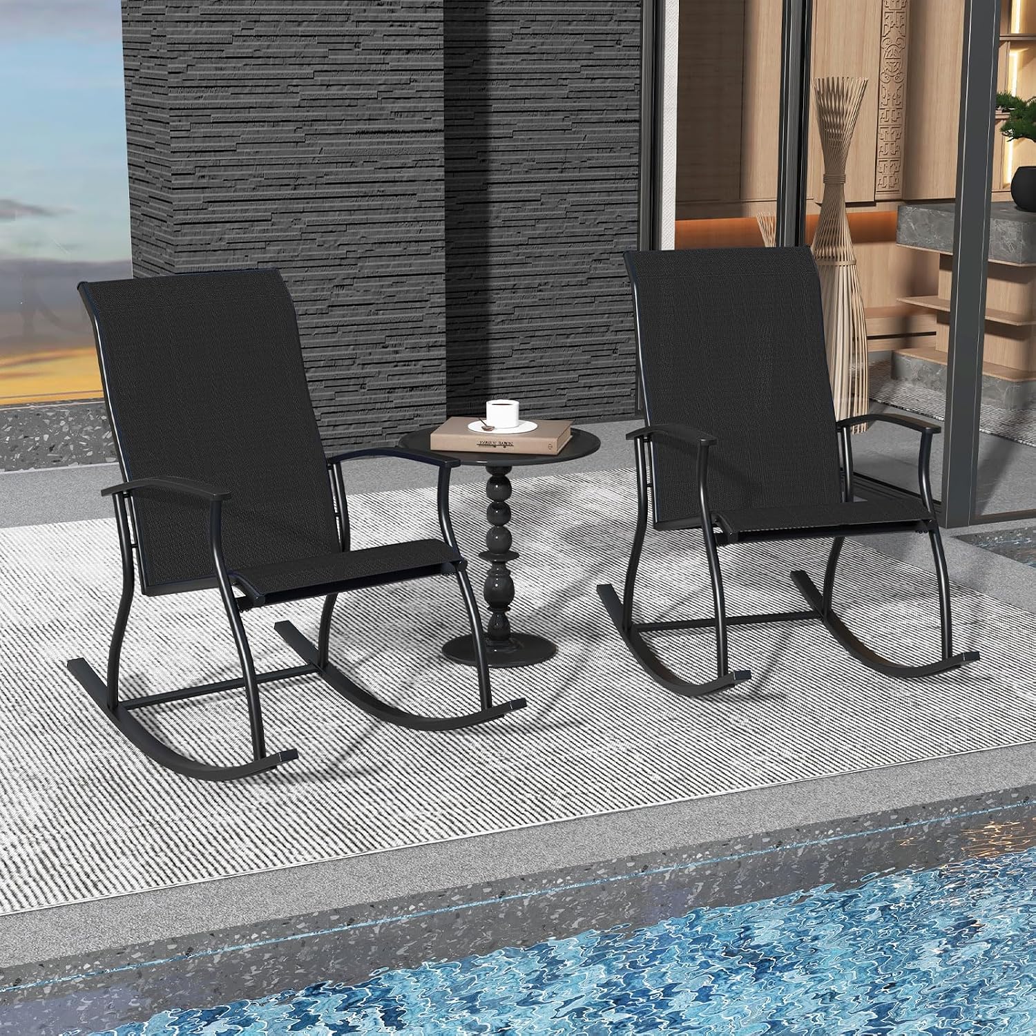 Tangkula Patio Rocking Chairs Set of 2, Outdoor Rocking Chair with Smooth & Safe Rocking Motion, Ergonomic Backrest, Breathable Fabric, All-Weather Outdoor Rocker for Backyard, Poolside (1,Black)