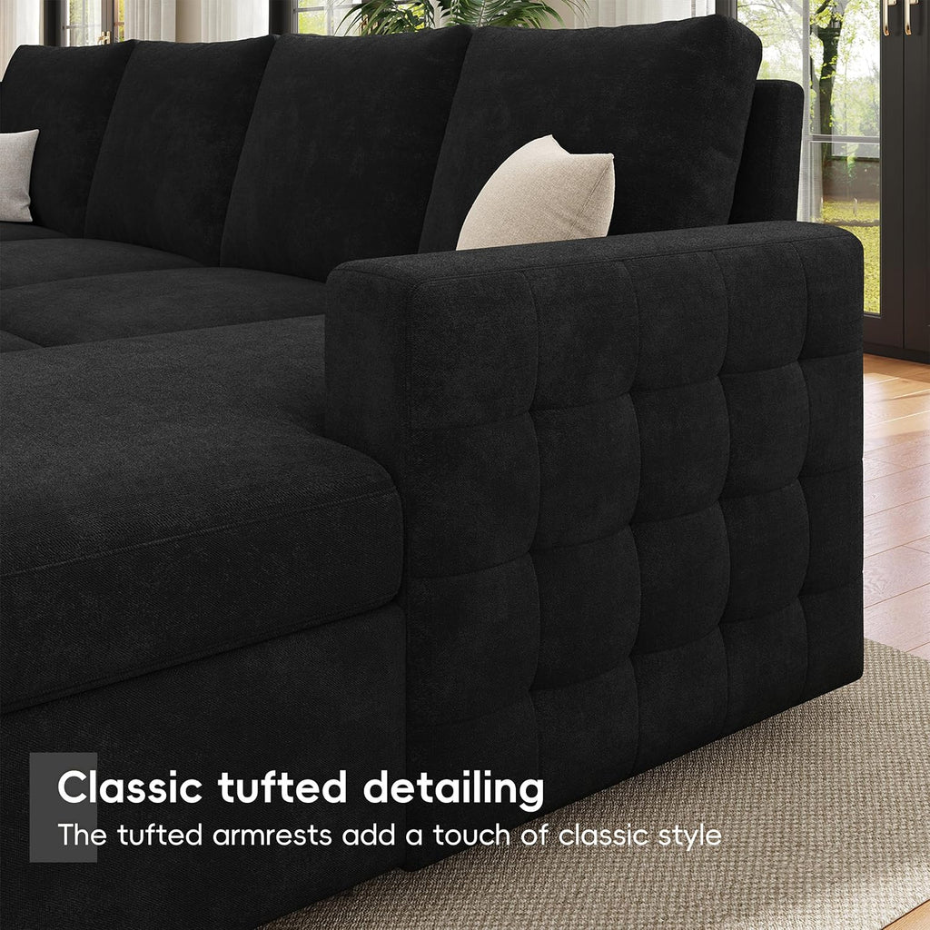 104' Sectional Sleeper Sofa Bed, Pull Out Couch with Storage, Modular Cloud Sofa with Chaise, 7 Seat U Shaped Sectional Couches for Living Room& Apartment, Convertible Sofas, Black Couch