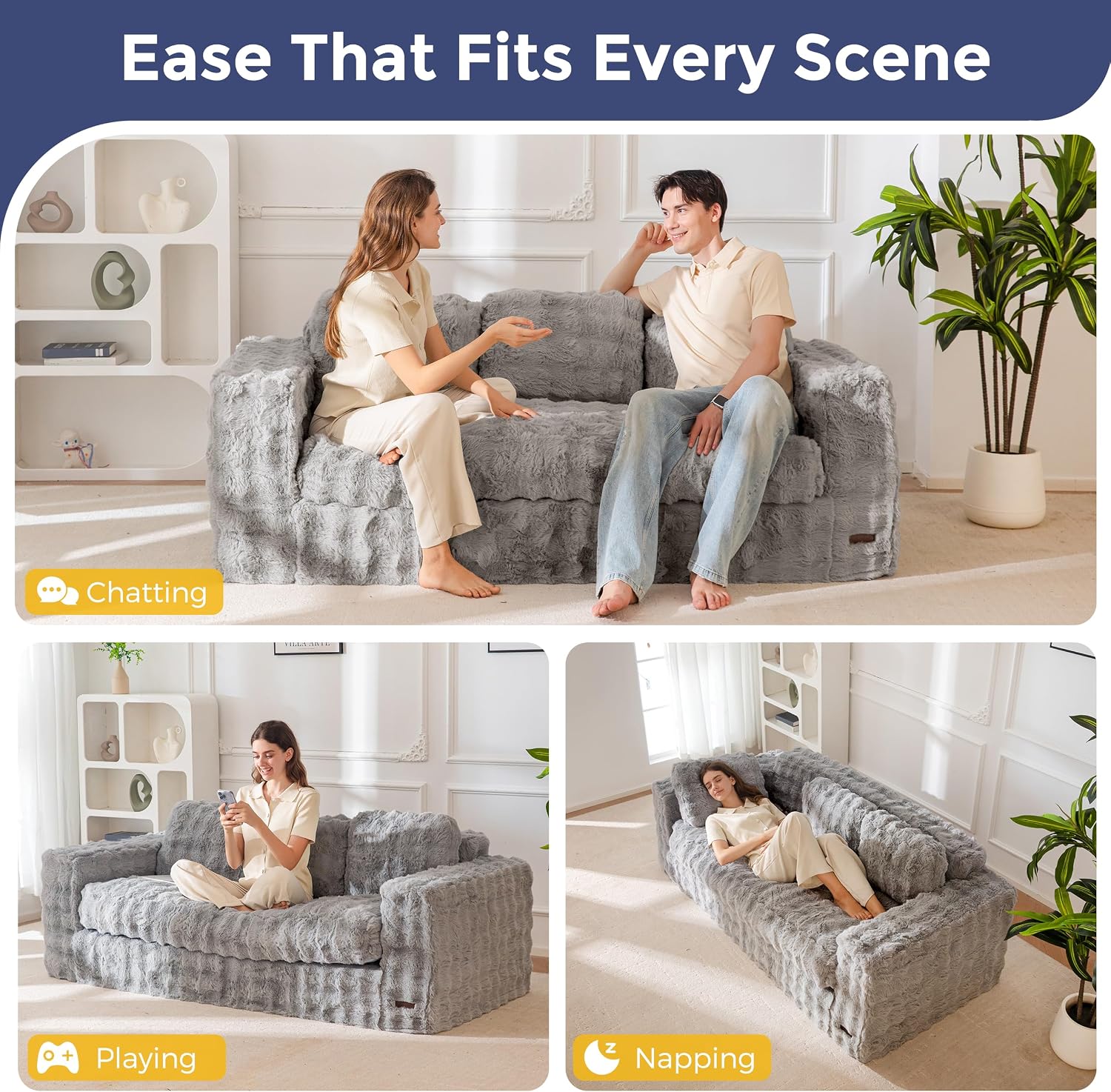 MAXYOYO 3-Seater Boneless Sofa Couch, Modern Bubbled Sofa for Living Room, Soft Bean Bag Chair High-Density Foam Couch with Pillows, No Assembly Required