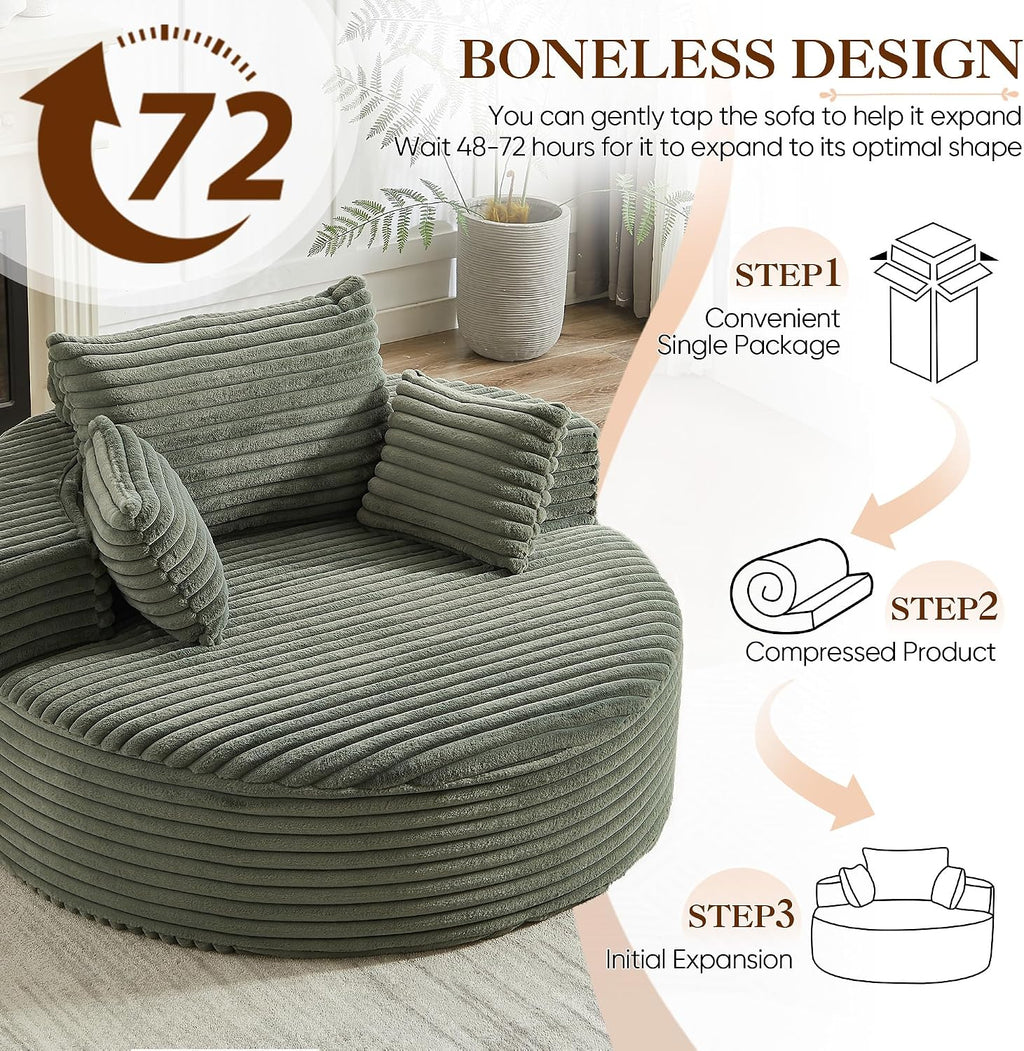 Oversized Round Chaise Longue Chair Indoor, Modern 55-inch Upholstered Corduroy Deep Seat Circle Single Cloud Lounge Floor Sofa Chair for Living Room, Bedroom Apartment, Green