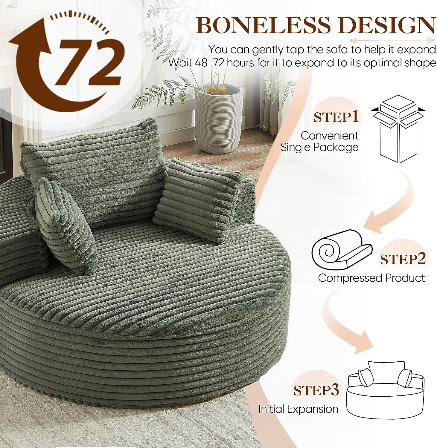 Oversized Round Chaise Longue Chair Indoor, Modern 55-inch Upholstered Corduroy Deep Seat Circle Single Cloud Lounge Floor Sofa Chair for Living Room, Bedroom Apartment, Green