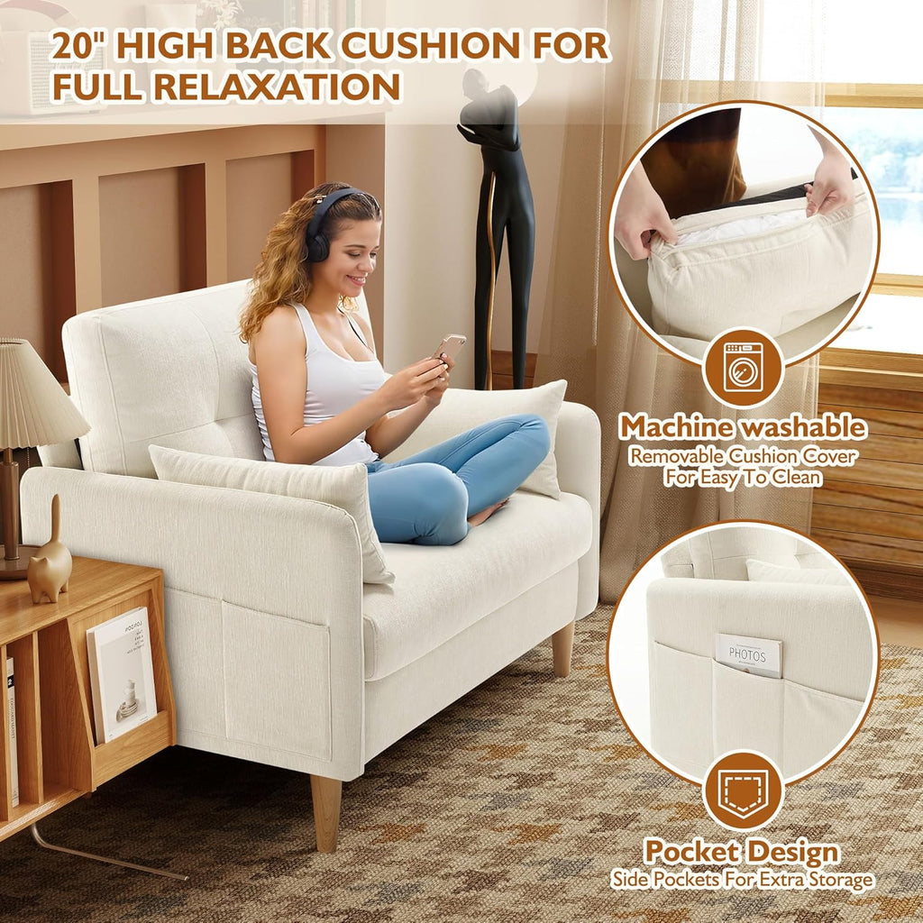 Urhanherry 47' Small Sofa Couch, Soft Chenille loveseat Mini Couch with Throw Pillow and Removable Cushion Cover for Small Spaces, Bedroom, Apartment, Dorm, Office, Living Room(Beige)
