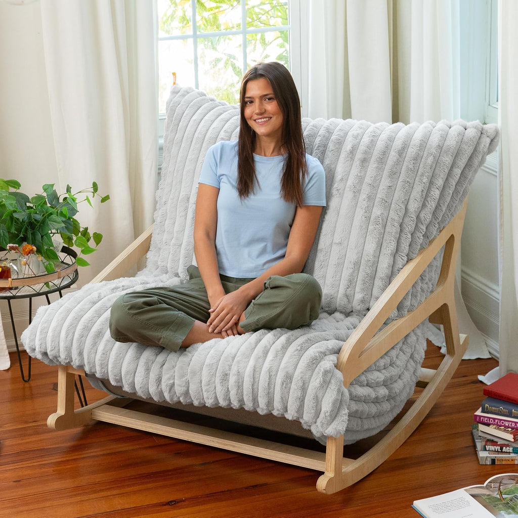 Pillow Saxx Bean Bag Rocking Chair - Elegant Oversized Rocker with Modern Wood Frame, Mondo Fur Grey